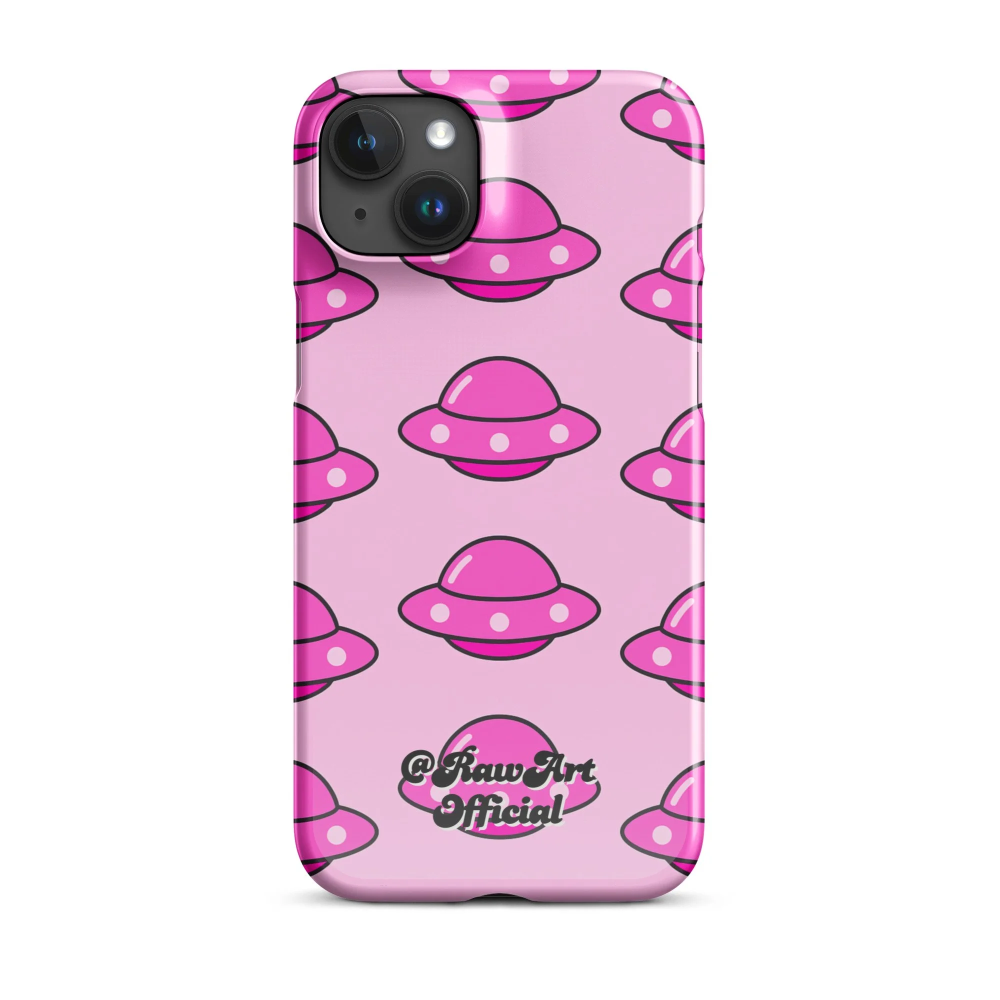 Pink iPhone case with retro UFO spaceship pattern, Y2K alien design.
