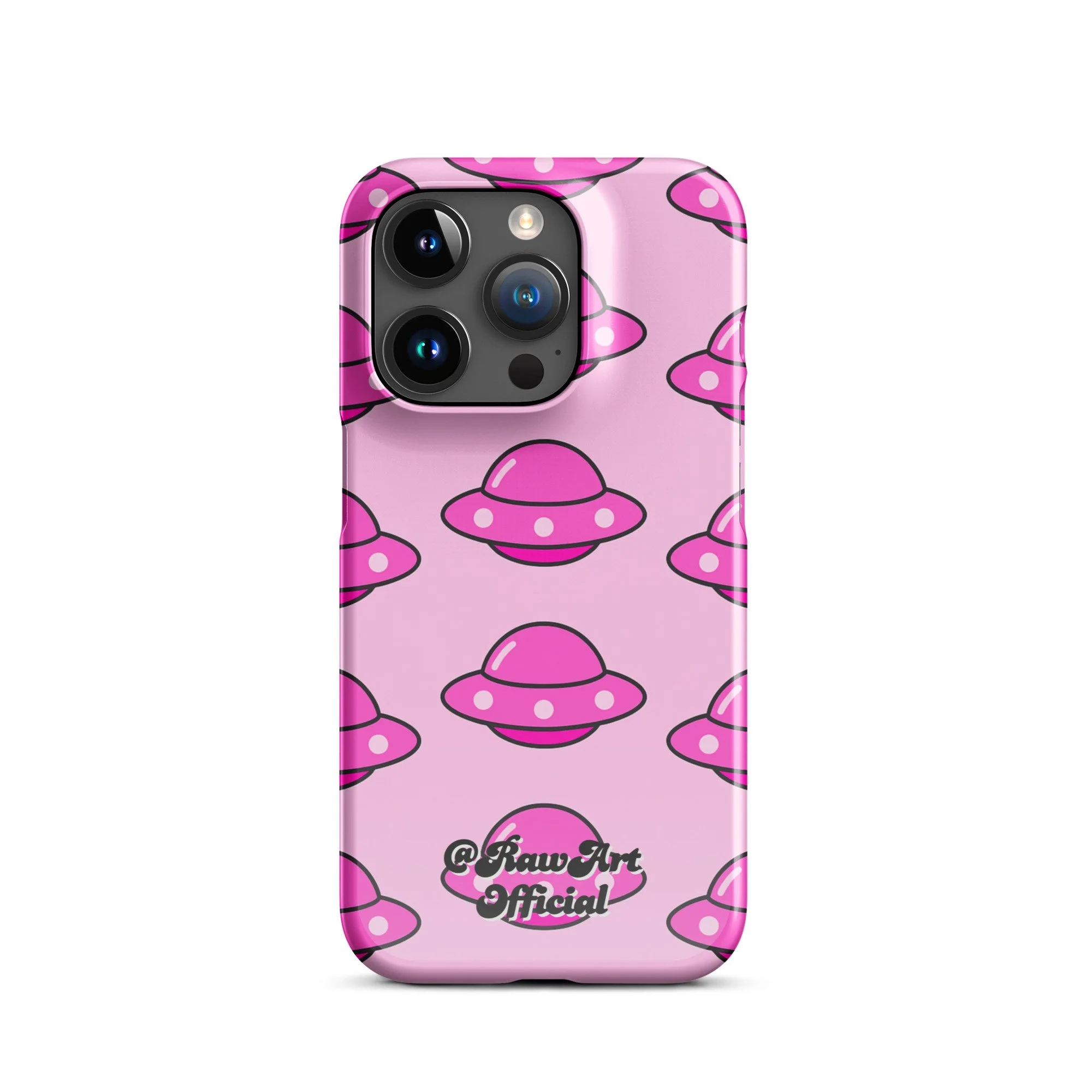Pink iPhone case with retro UFO spaceship pattern, Y2K alien design.