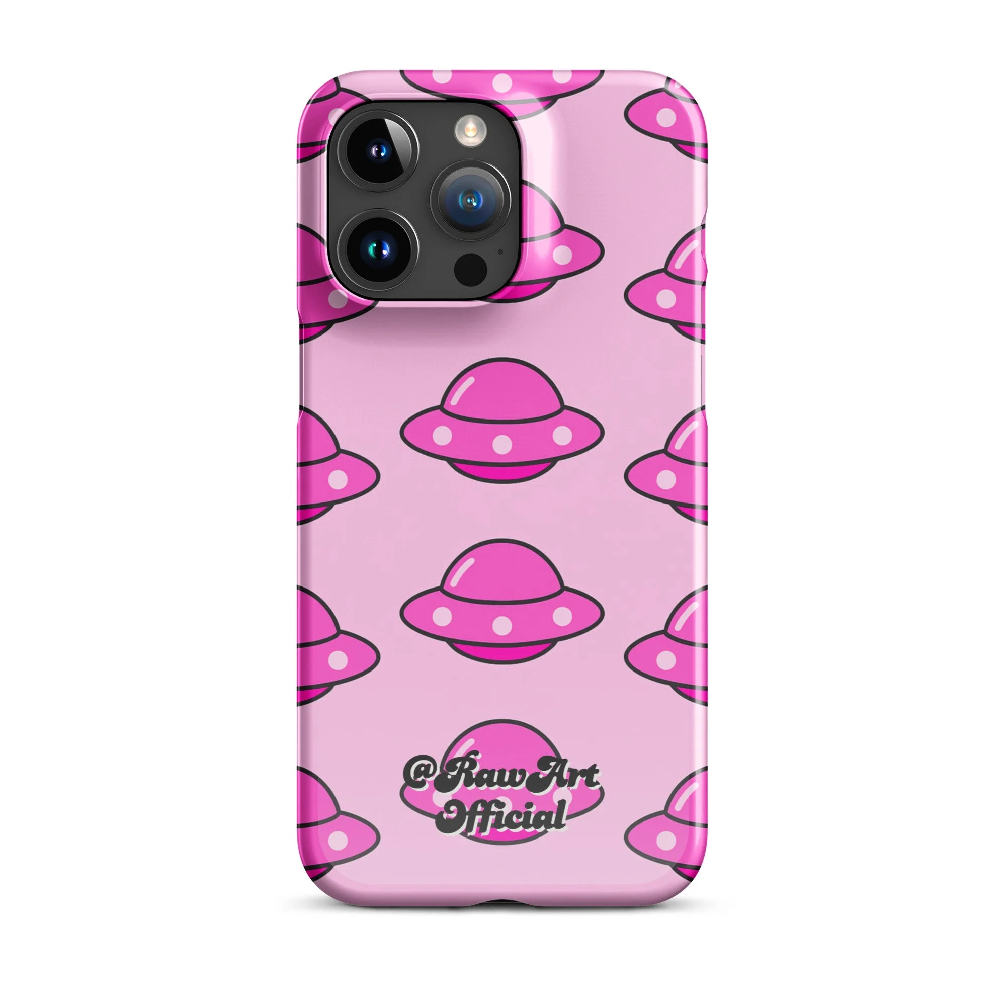 Pink iPhone case with retro UFO spaceship pattern, Y2K alien design.