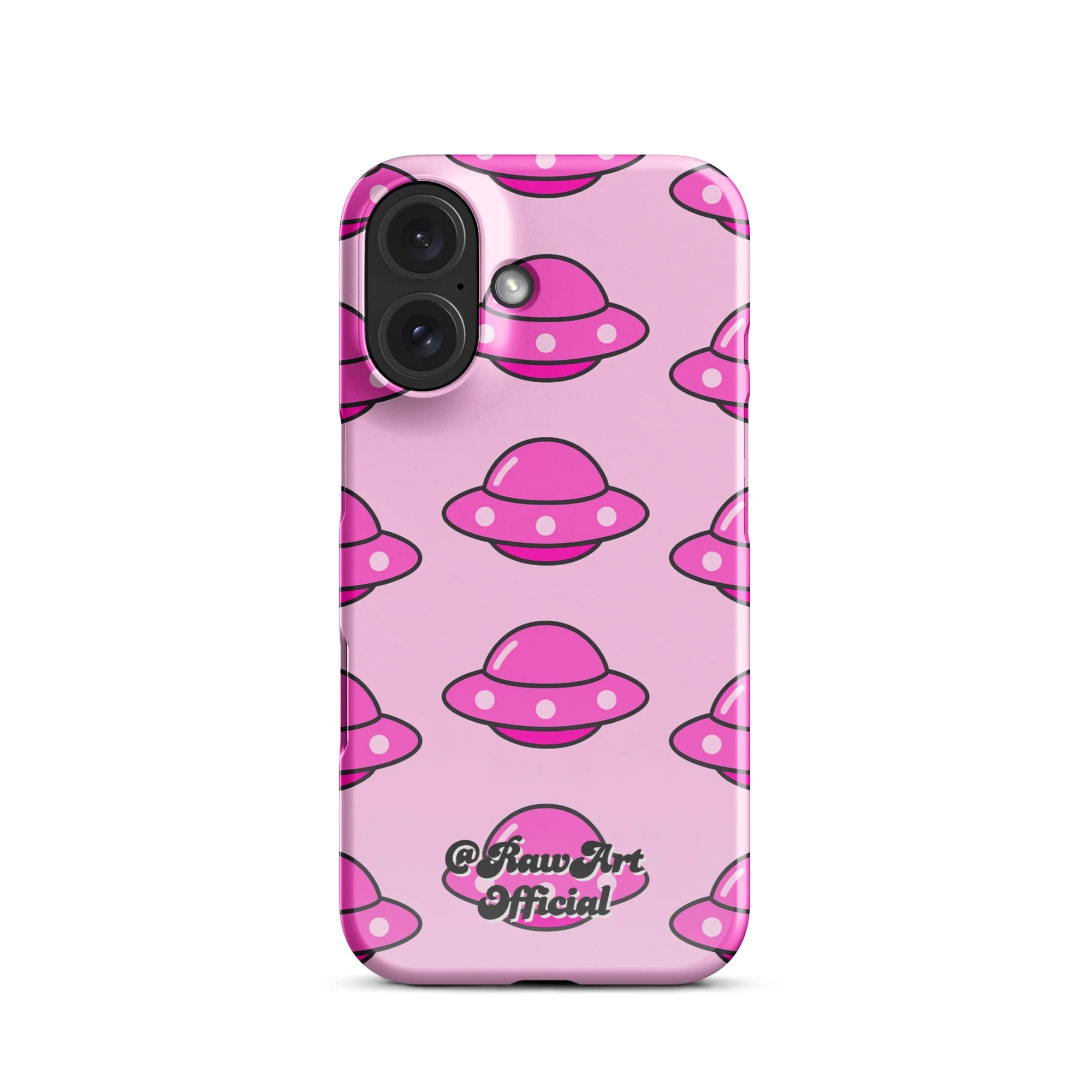 Pink iPhone case with retro UFO spaceship pattern, Y2K alien design.