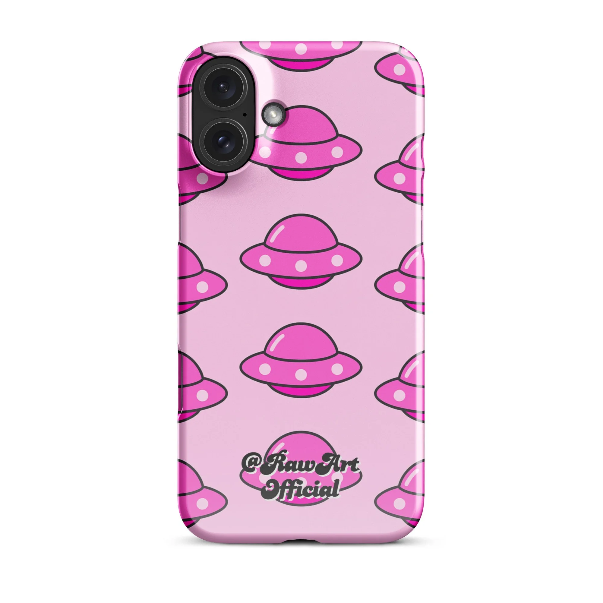 Pink iPhone case with retro UFO spaceship pattern, Y2K alien design.