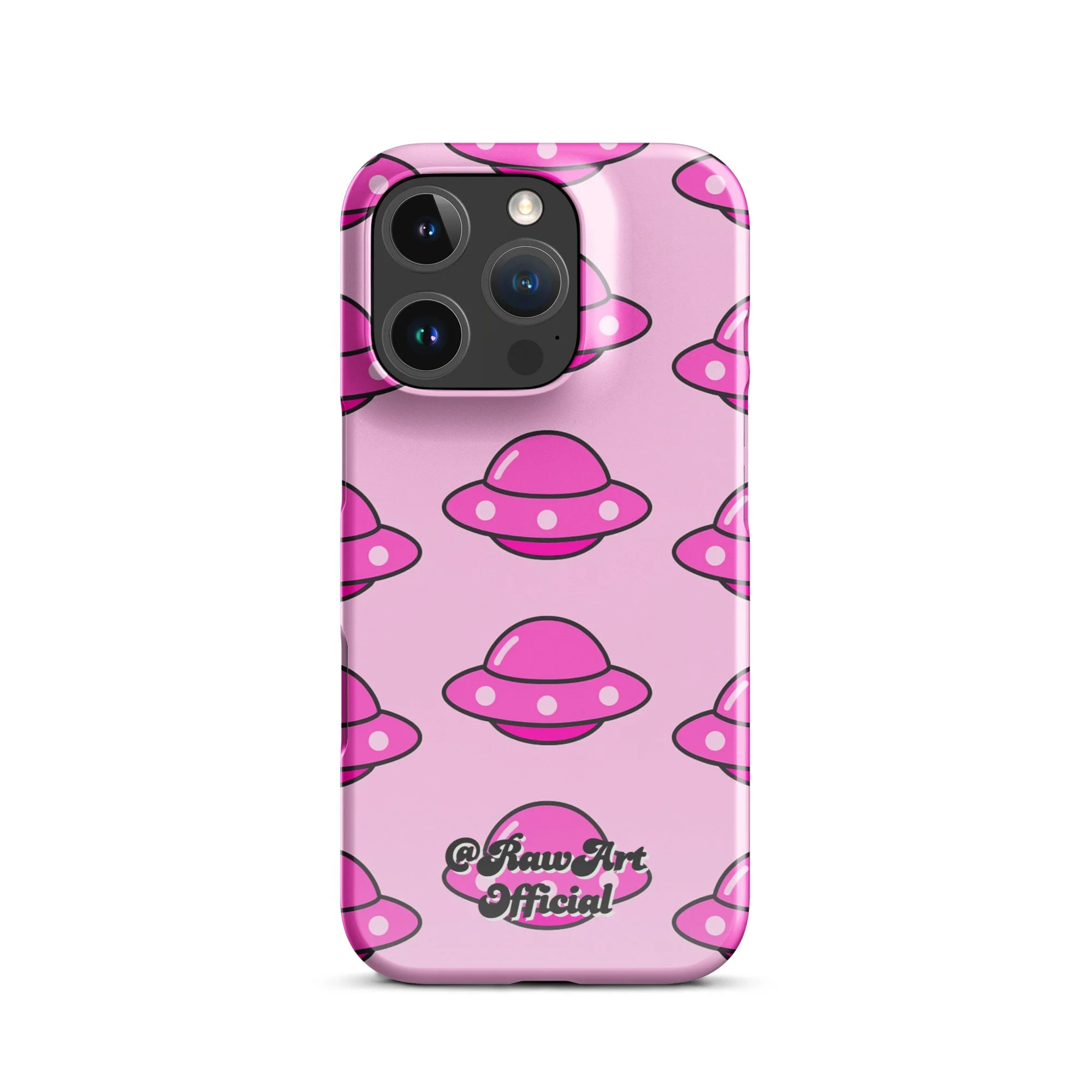 Pink iPhone case with retro UFO spaceship pattern, Y2K alien design.