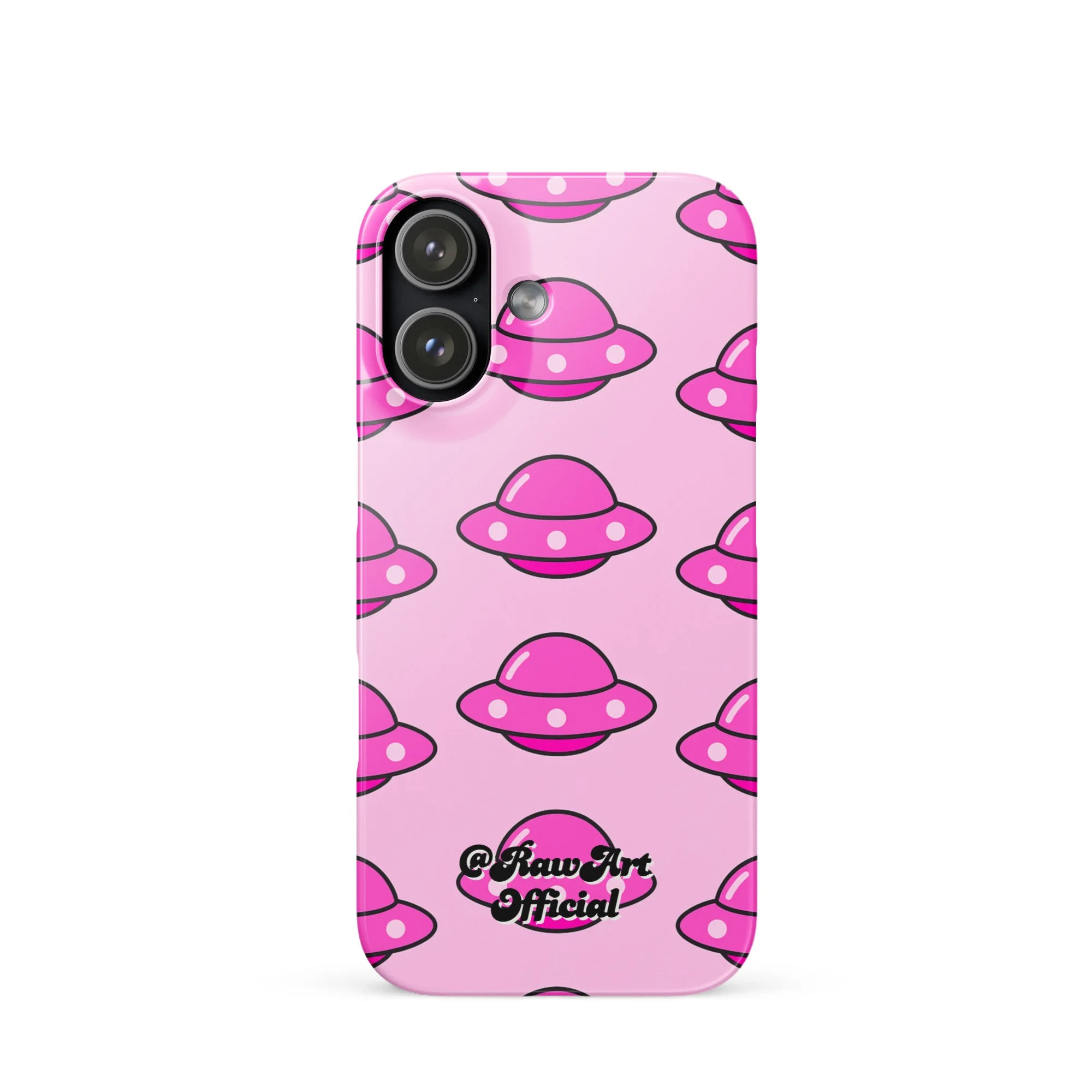 Pink iPhone case with retro UFO spaceship pattern, Y2K alien design.