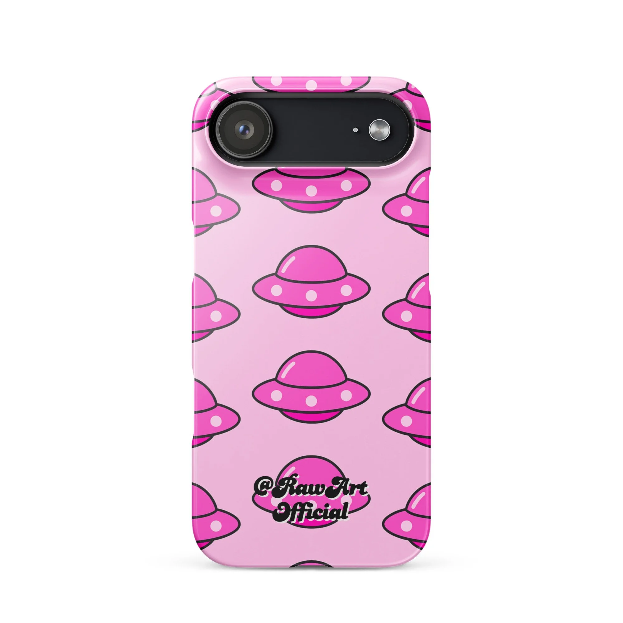 Pink iPhone case with retro UFO spaceship pattern, Y2K alien design.