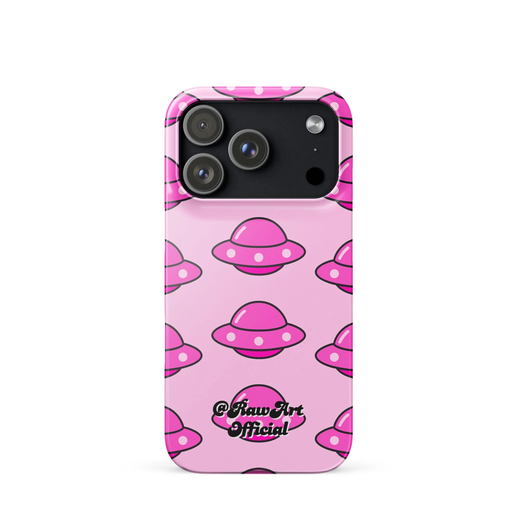 Pink iPhone case with retro UFO spaceship pattern, Y2K alien design.