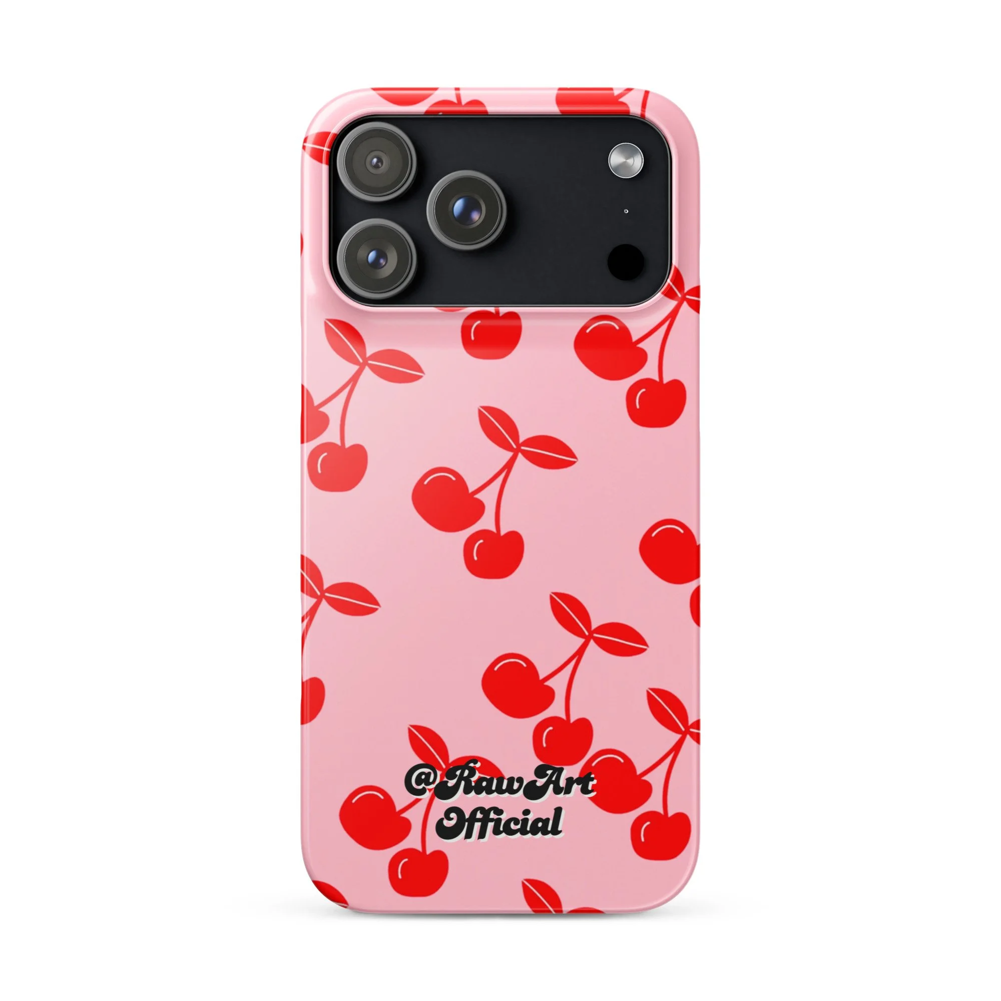 Pink iPhone case with red cherry pattern, retro fruity design.