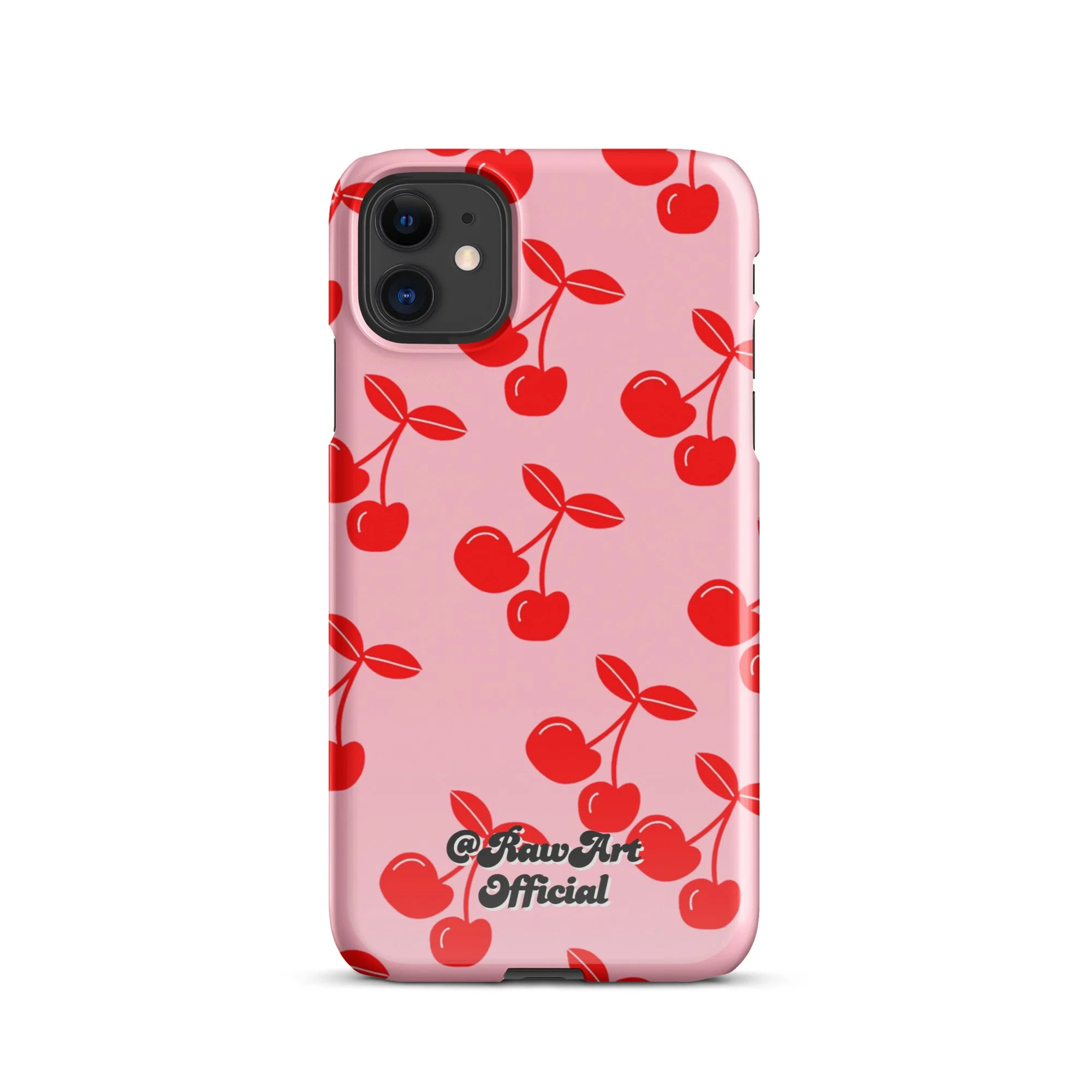 Pink iPhone case with red cherry pattern, retro fruity design.