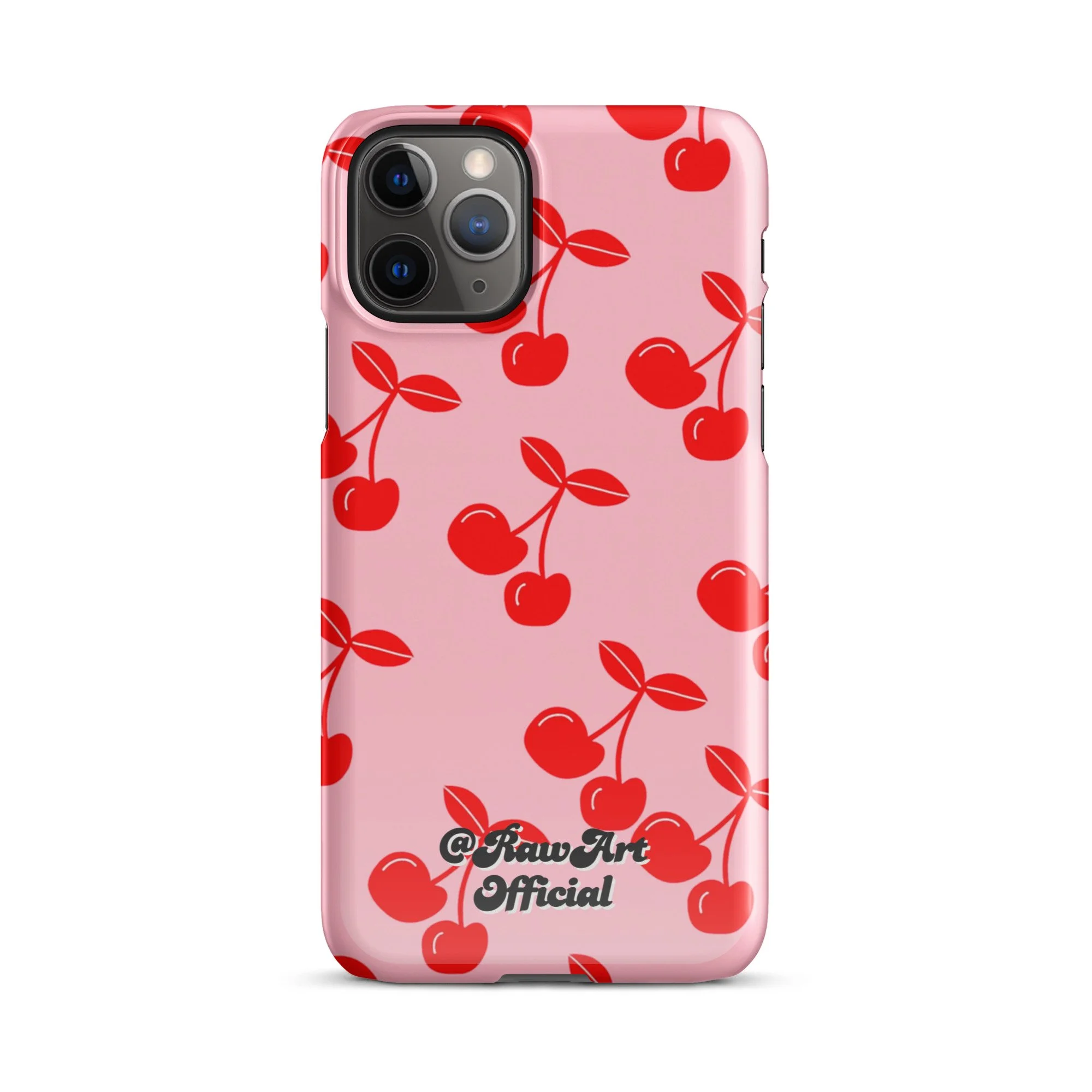 Pink iPhone case with red cherry pattern, retro fruity design.
