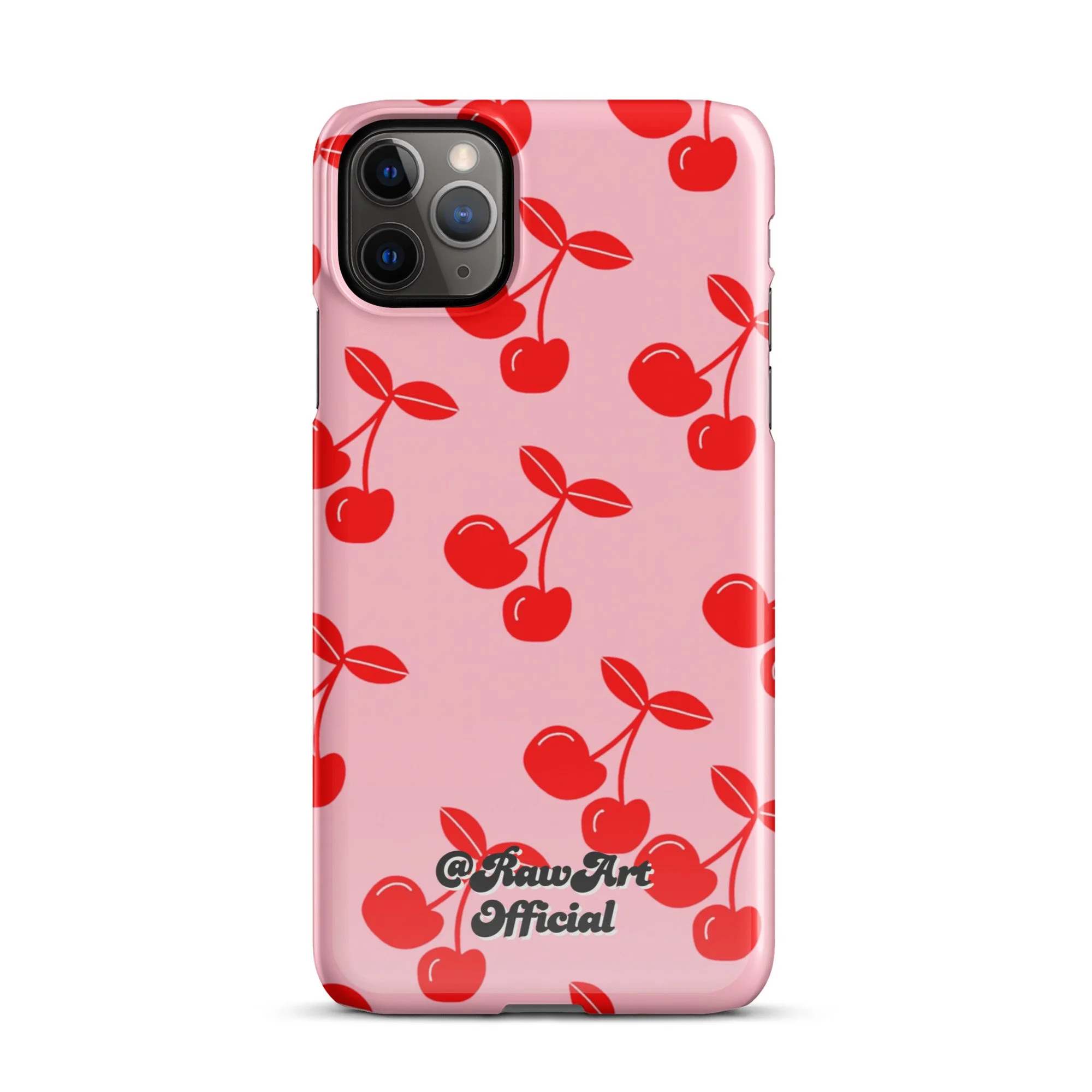Pink iPhone case with red cherry pattern, retro fruity design.