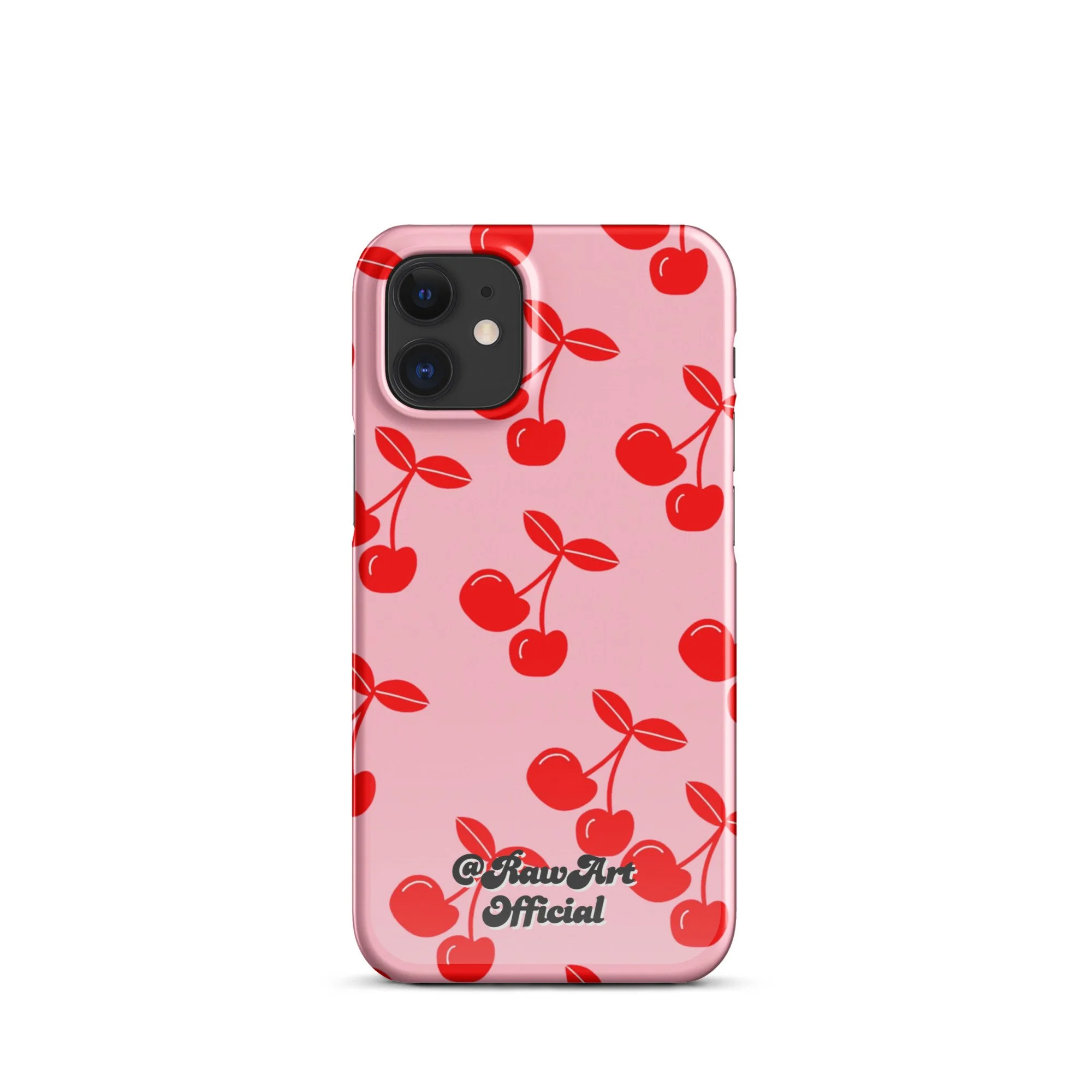 Pink iPhone case with red cherry pattern, retro fruity design.