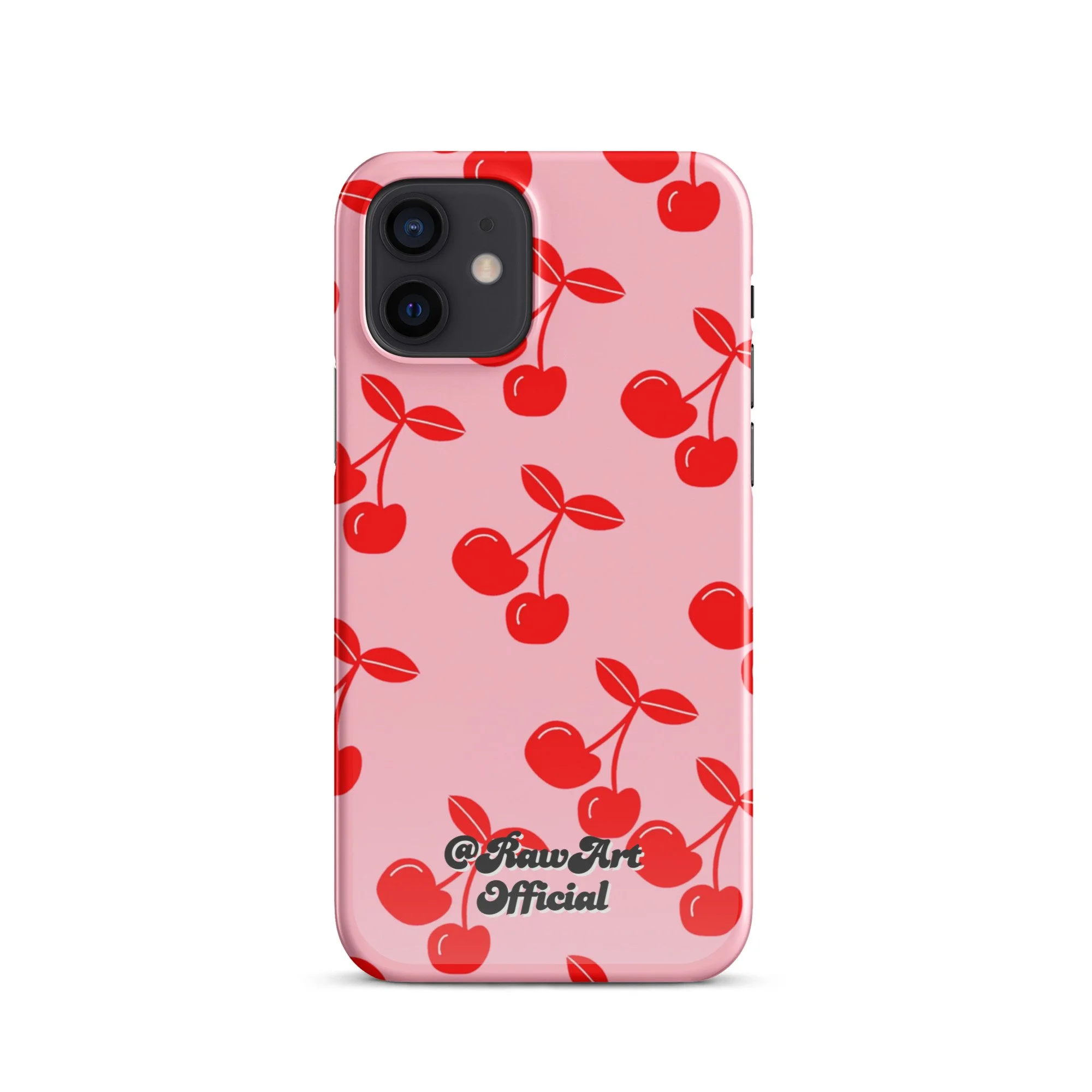 Pink iPhone case with red cherry pattern, retro fruity design.