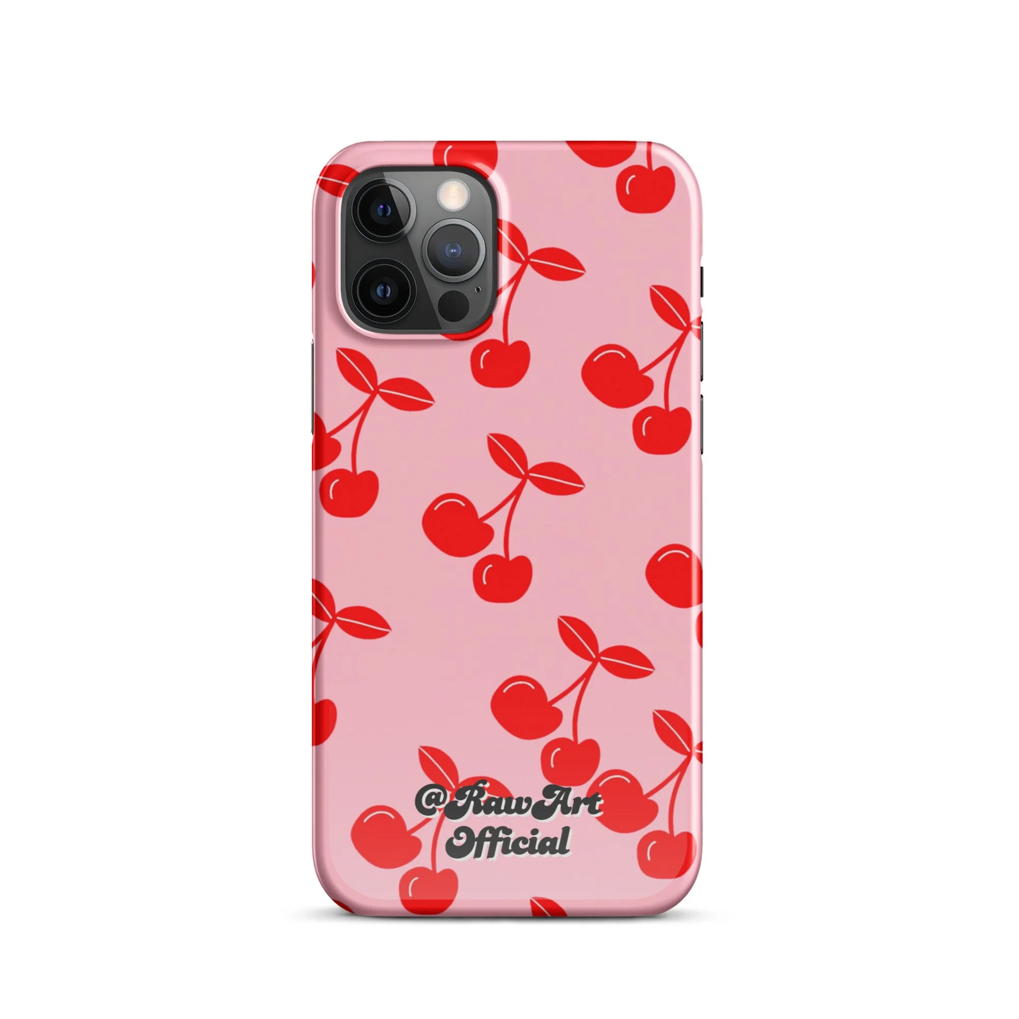 Pink iPhone case with red cherry pattern, retro fruity design.
