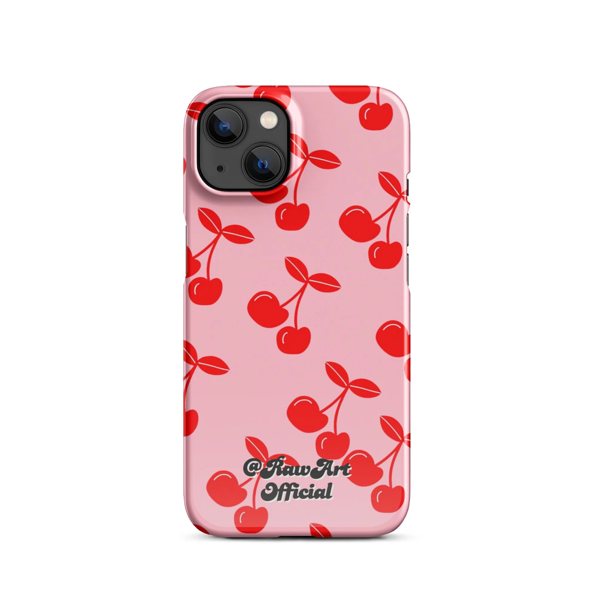 Pink iPhone case with red cherry pattern, retro fruity design.