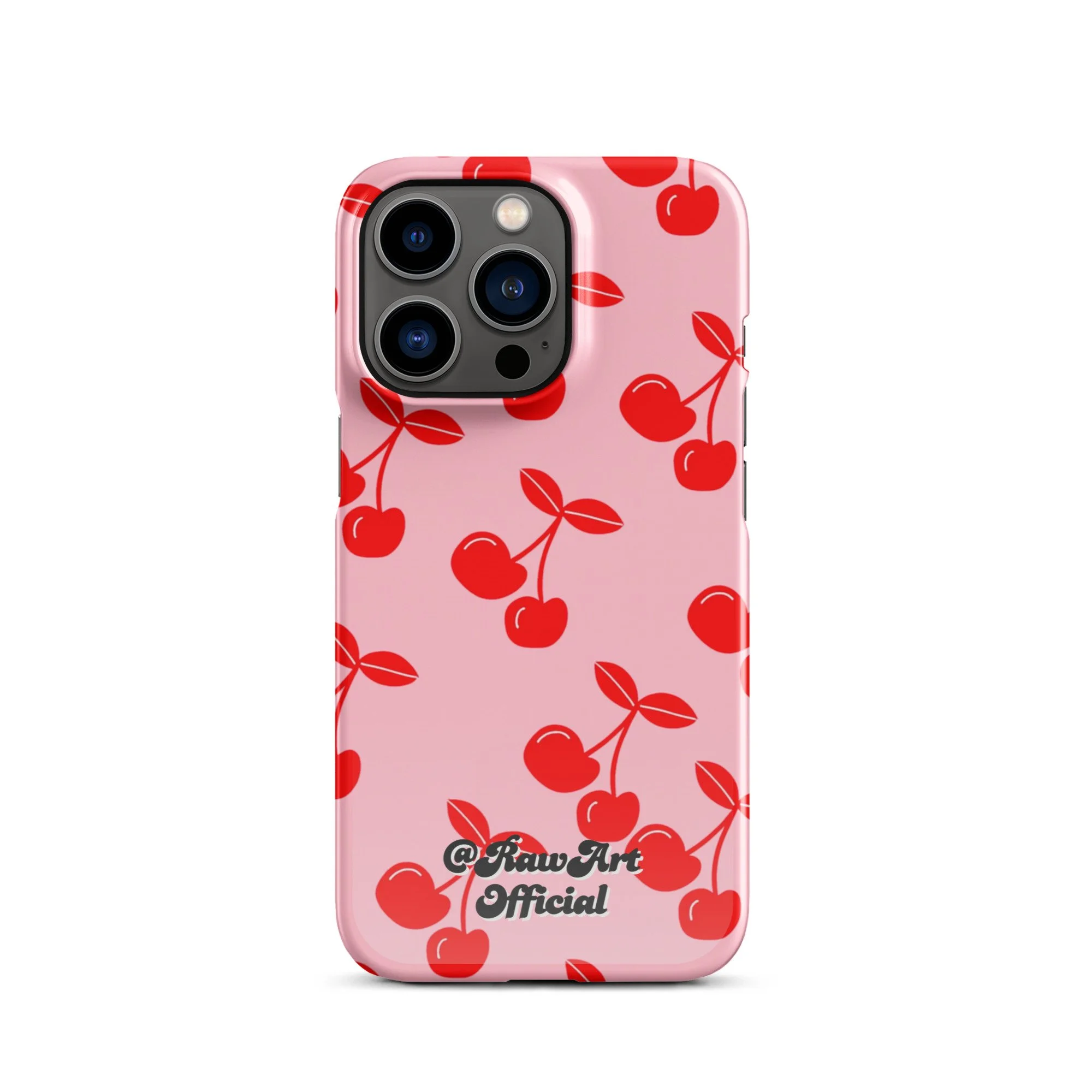 Pink iPhone case with red cherry pattern, retro fruity design.