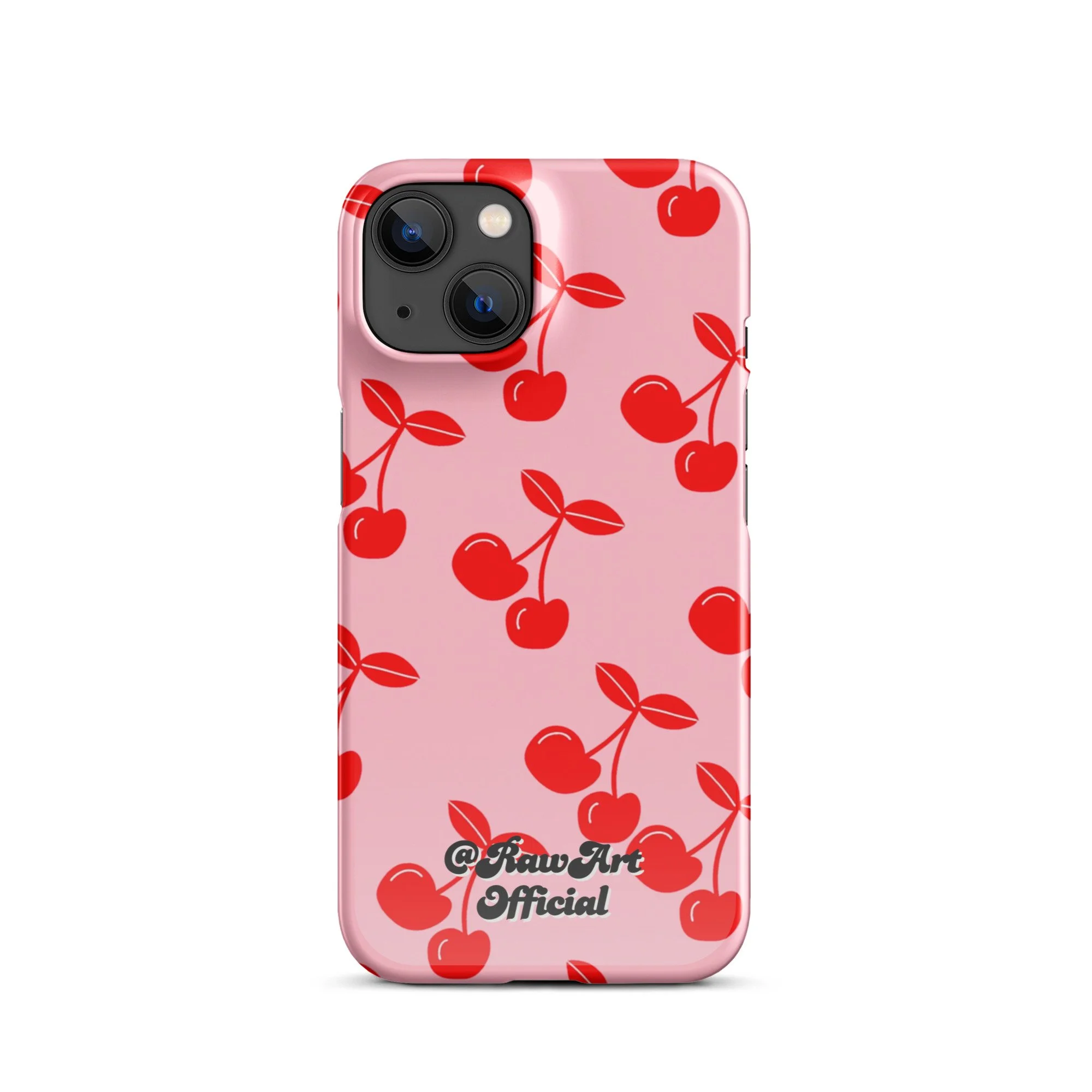 Pink iPhone case with red cherry pattern, retro fruity design.
