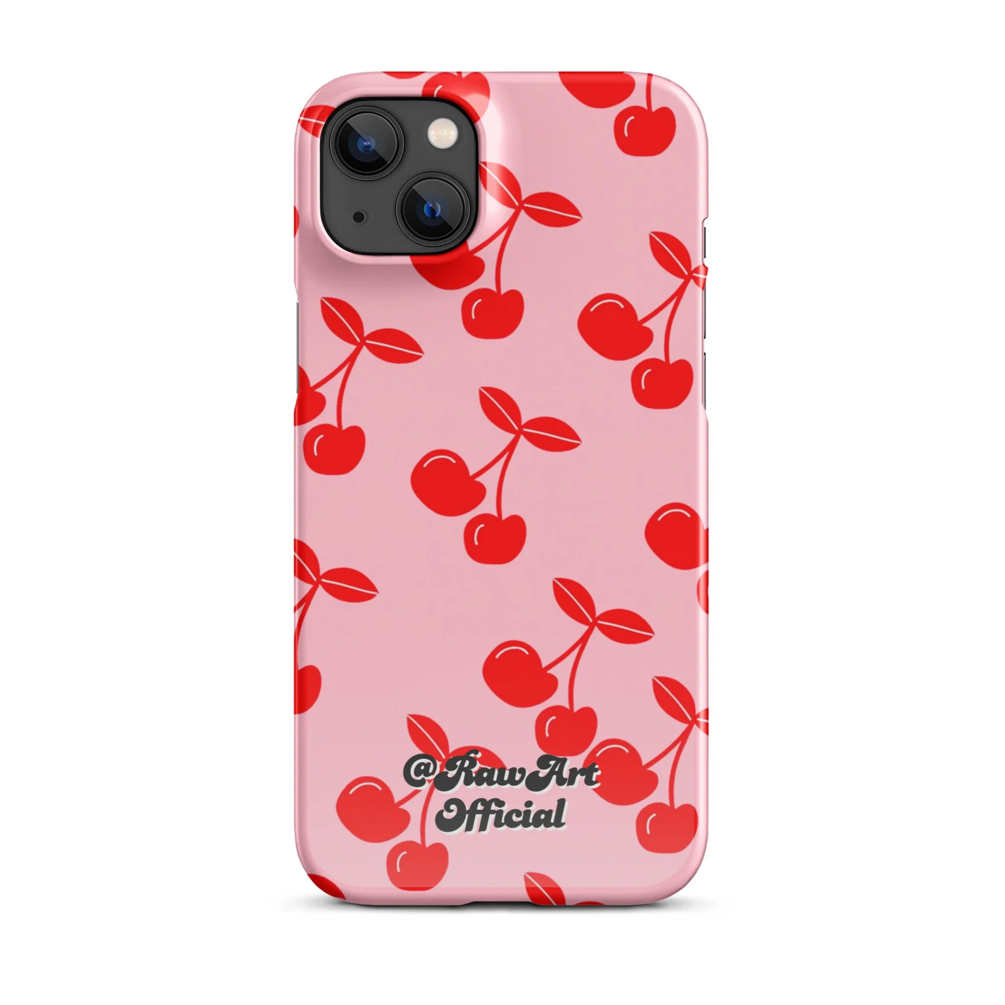 Pink iPhone case with red cherry pattern, retro fruity design.
