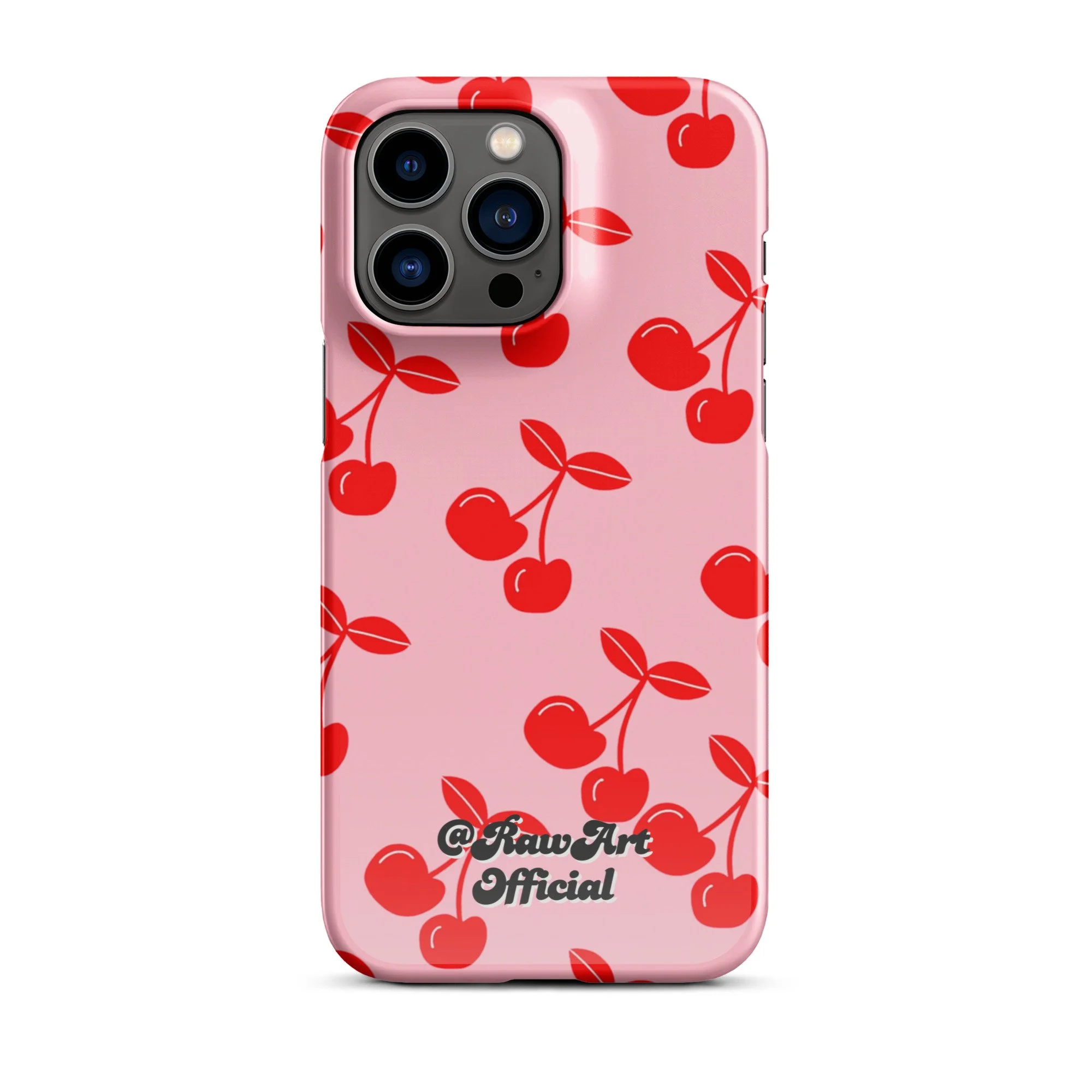 Pink iPhone case with red cherry pattern, retro fruity design.