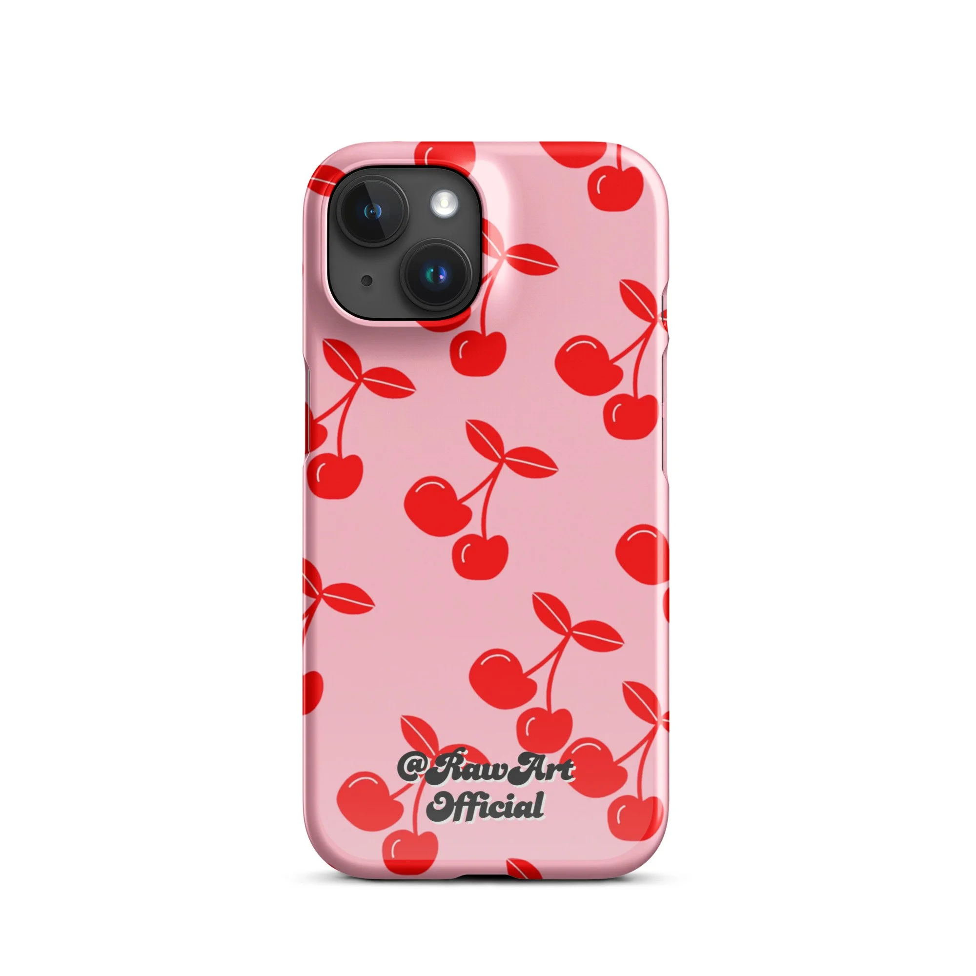 Pink iPhone case with red cherry pattern, retro fruity design.