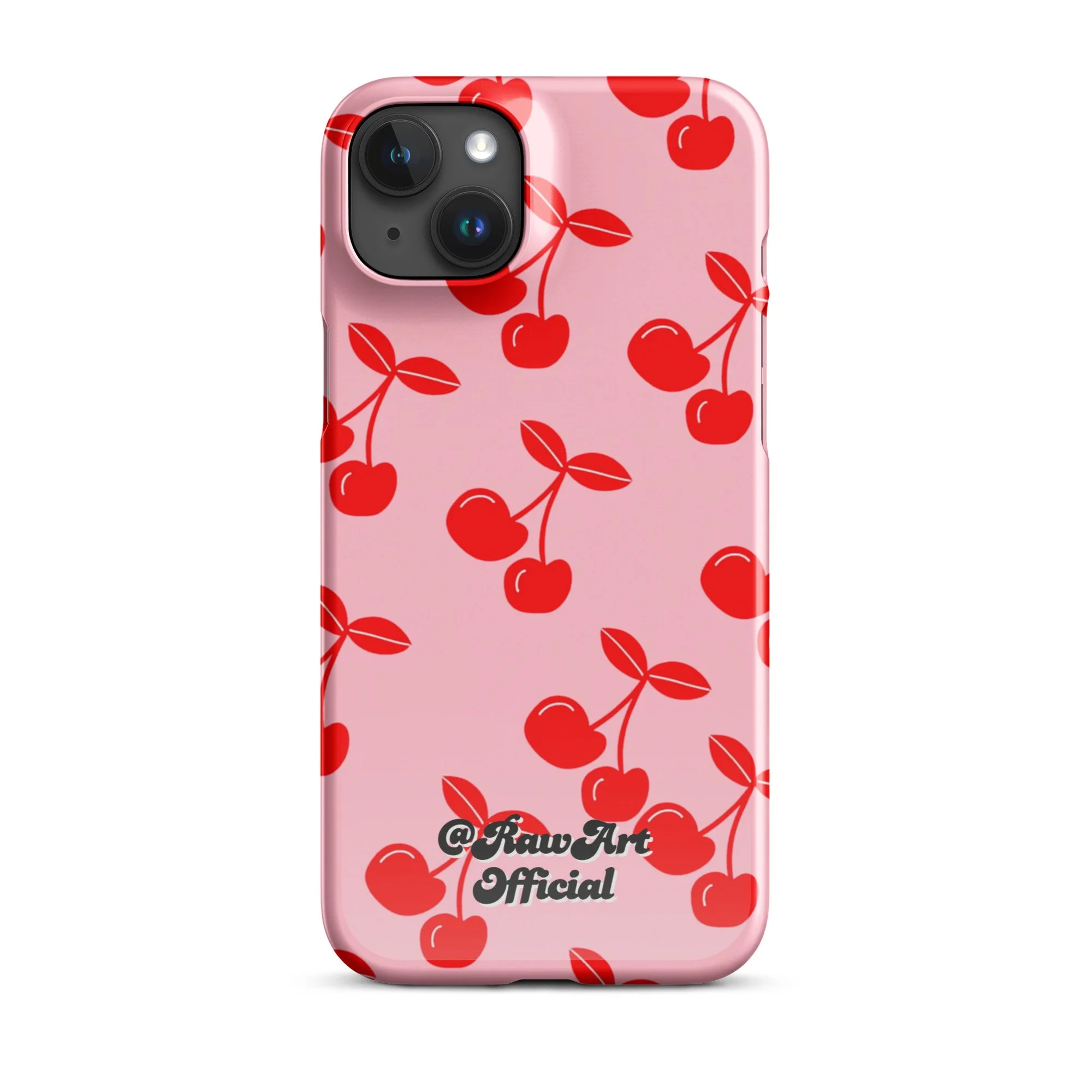 Pink iPhone case with red cherry pattern, retro fruity design.