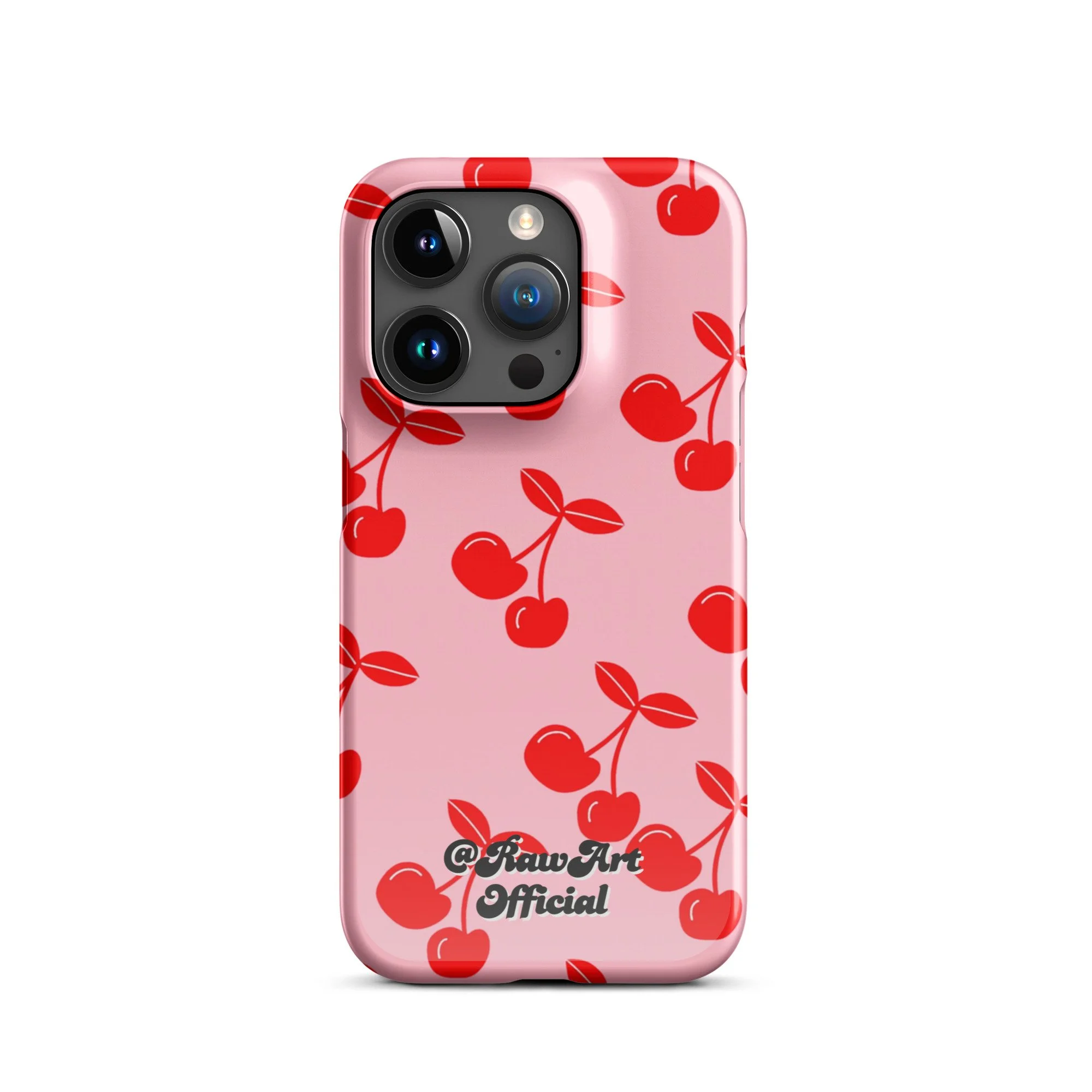 Pink iPhone case with red cherry pattern, retro fruity design.