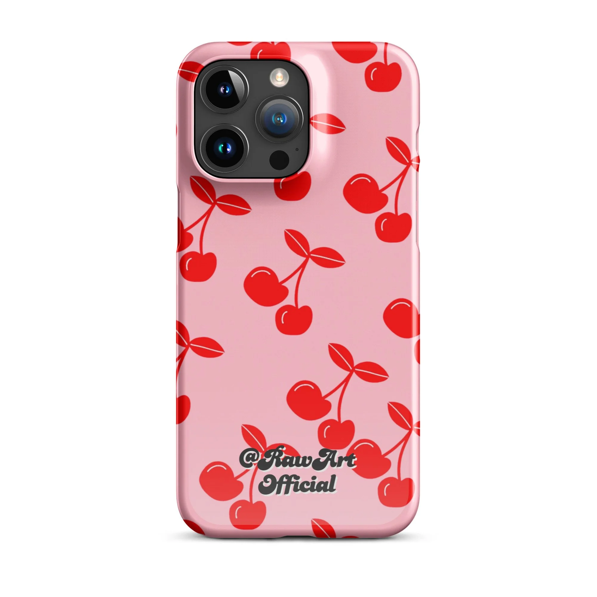 Pink iPhone case with red cherry pattern, retro fruity design.