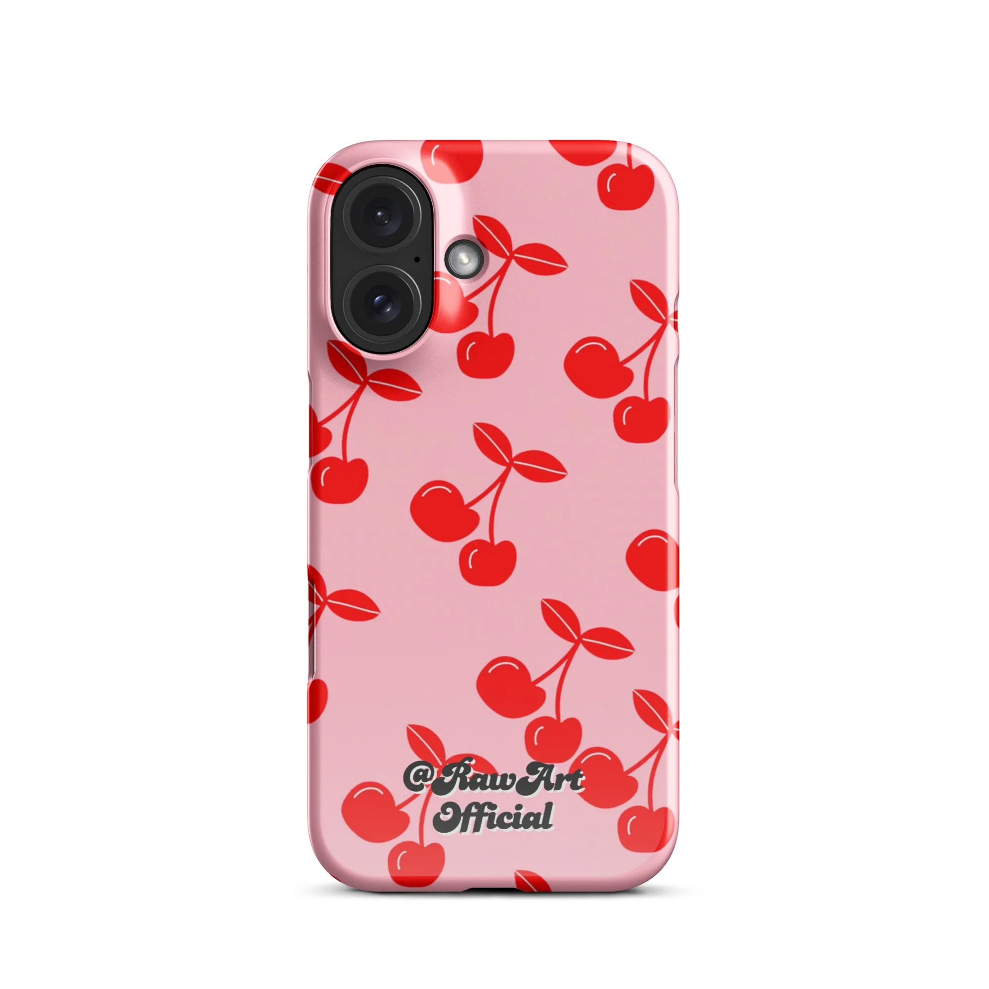 Pink iPhone case with red cherry pattern, retro fruity design.