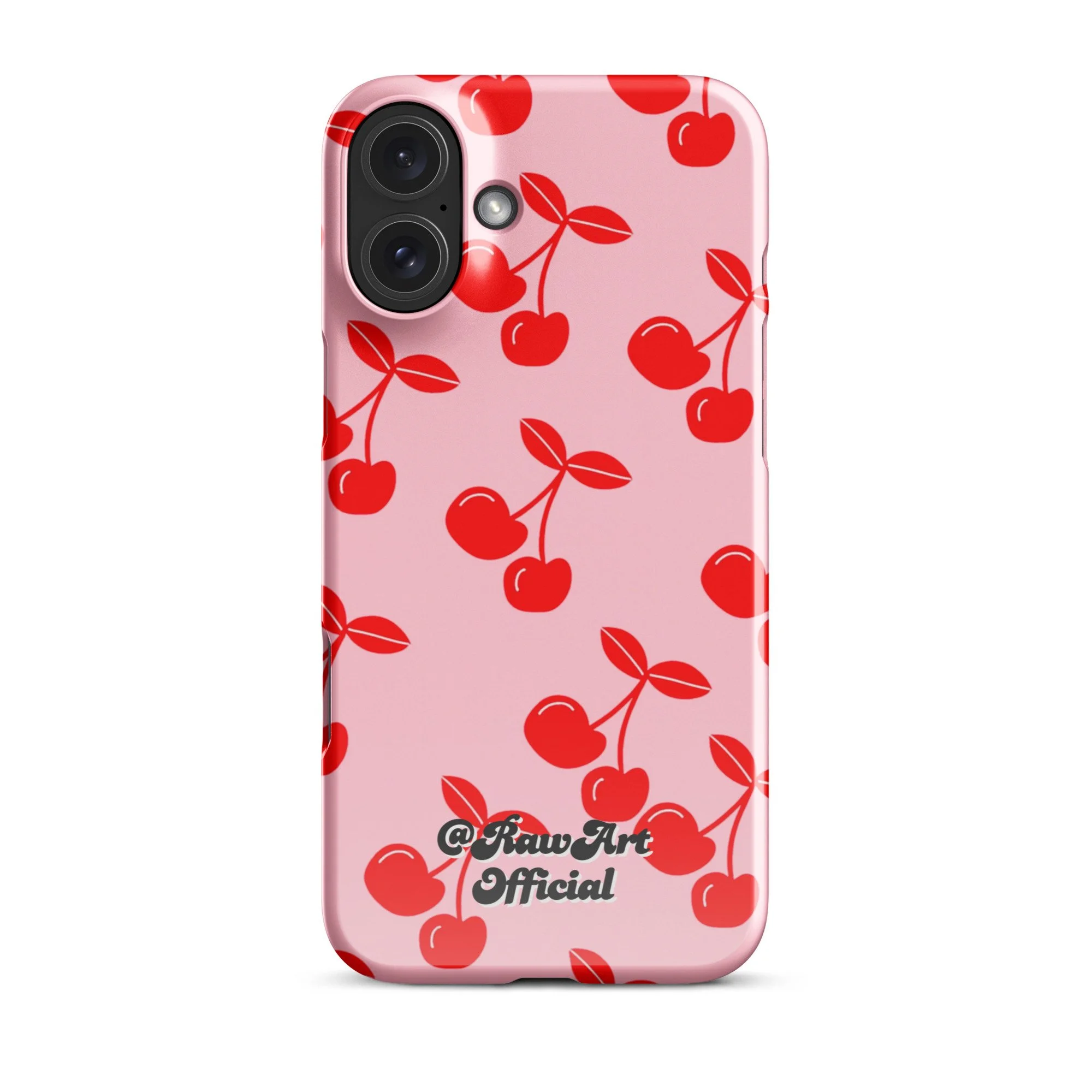 Pink iPhone case with red cherry pattern, retro fruity design.