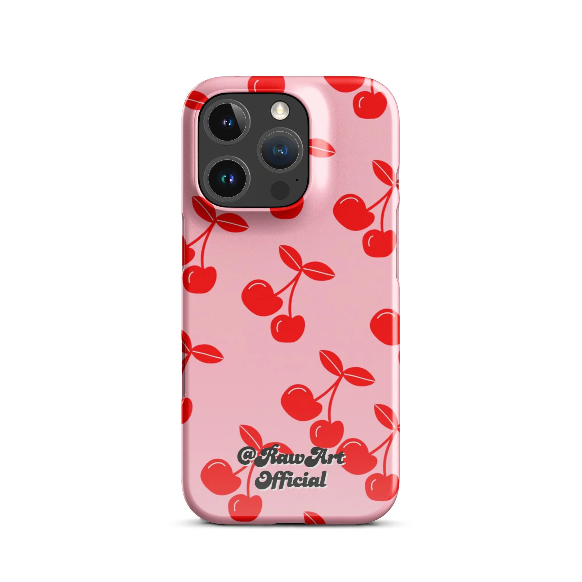 Pink iPhone case with red cherry pattern, retro fruity design.