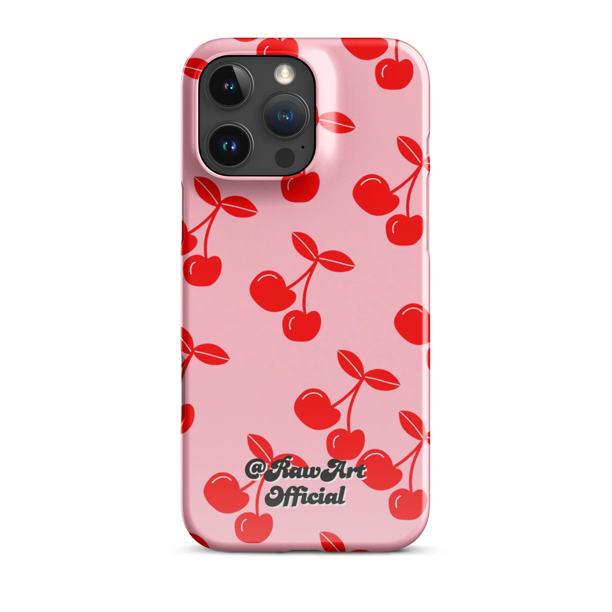 Pink iPhone case with red cherry pattern, retro fruity design.