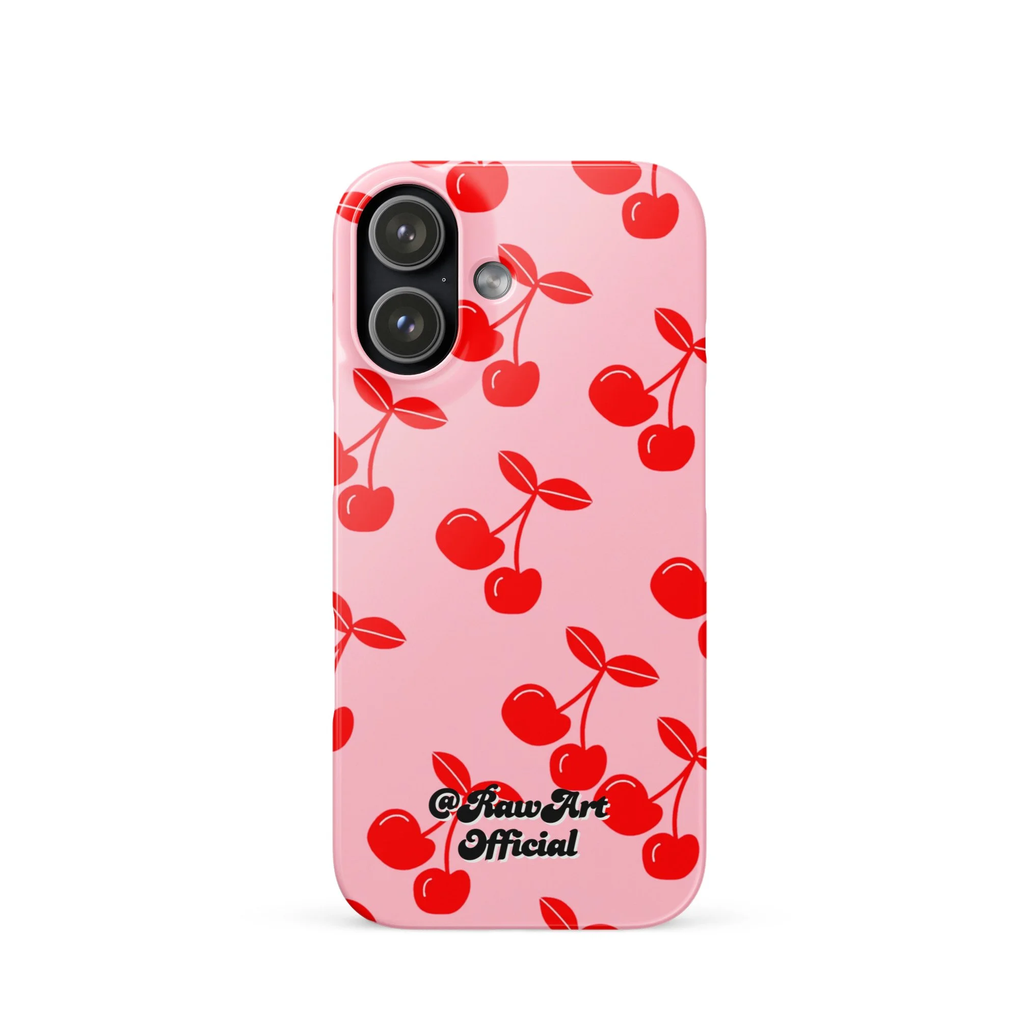 Pink iPhone case with red cherry pattern, retro fruity design.