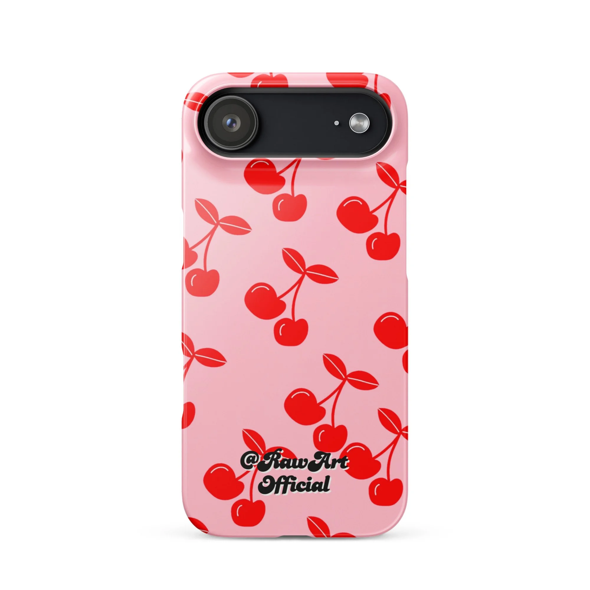 Pink iPhone case with red cherry pattern, retro fruity design.