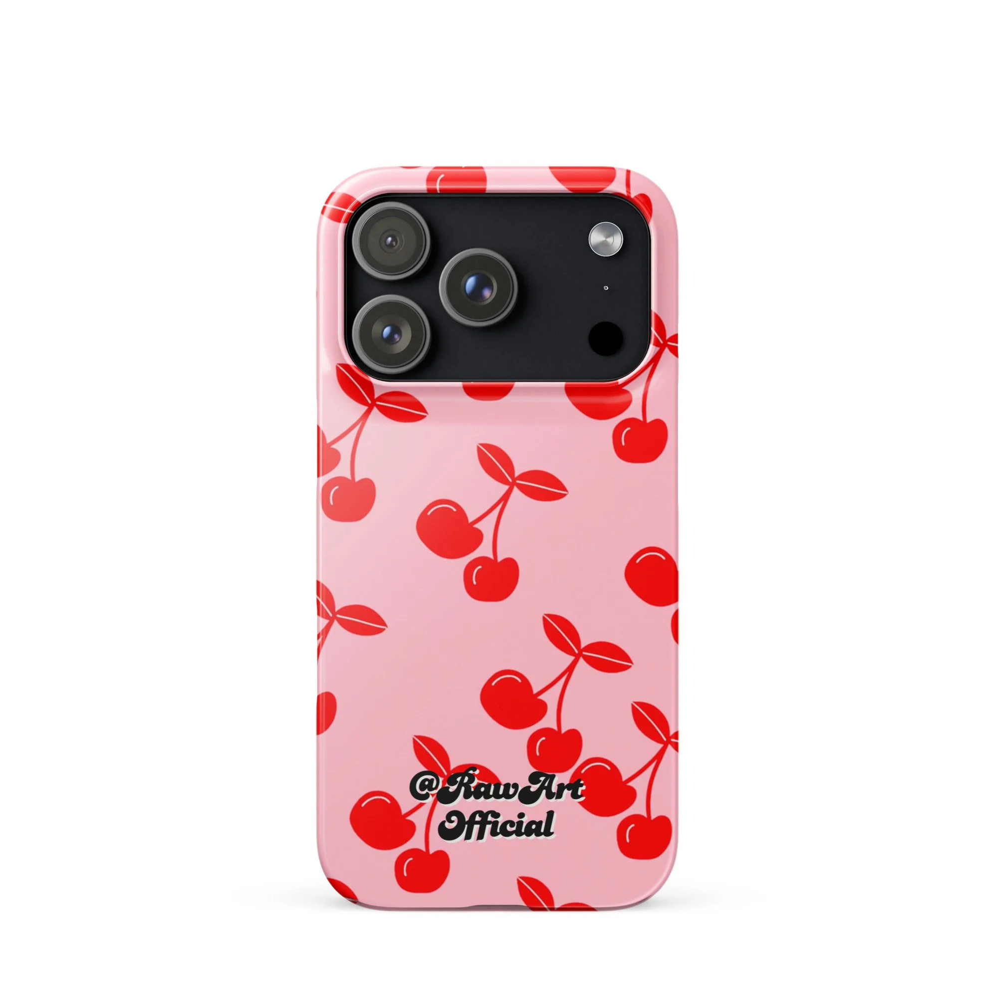 Pink iPhone case with red cherry pattern, retro fruity design.