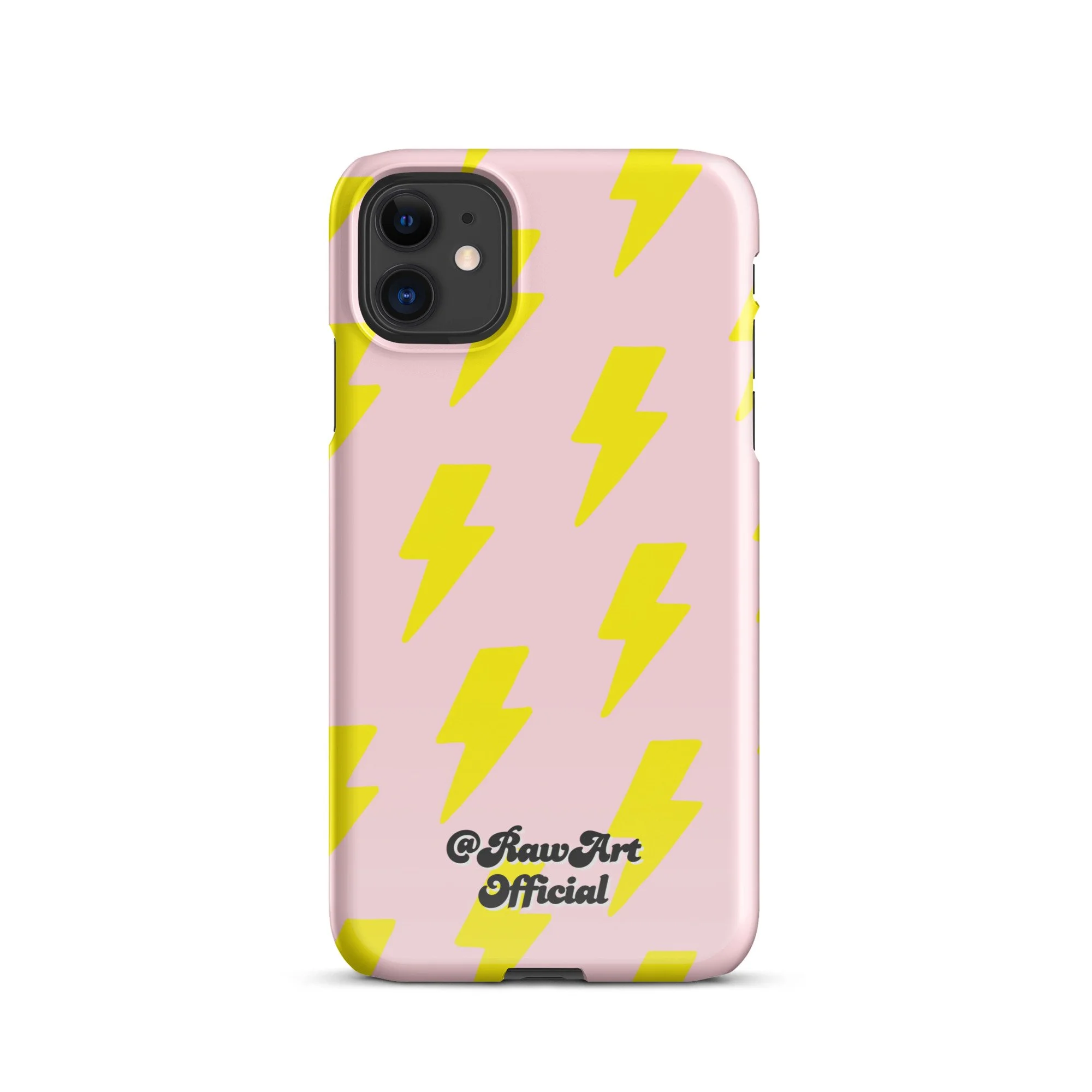 Pink iPhone case with neon yellow lightning bolt pattern, retro design.