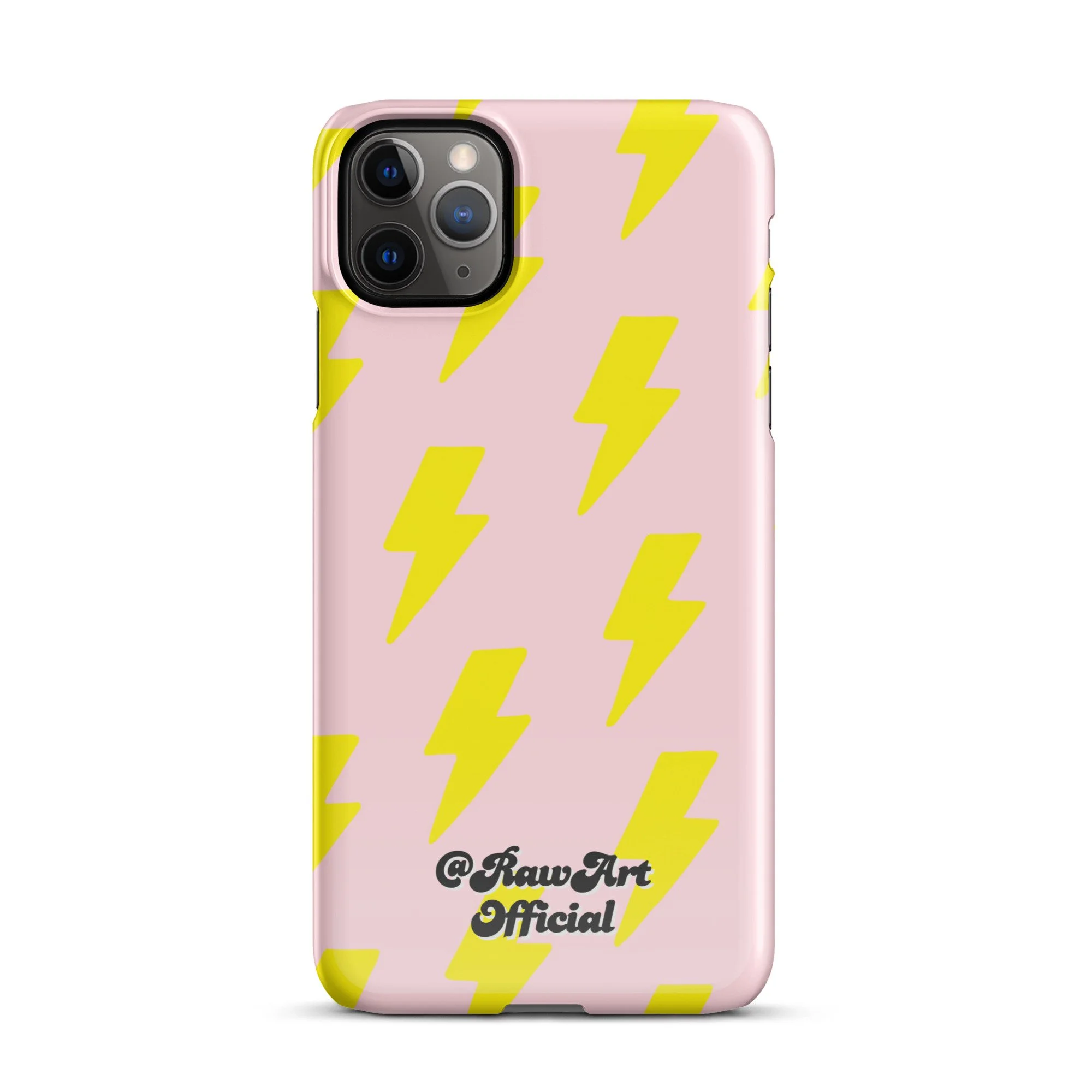 Pink iPhone case with neon yellow lightning bolt pattern, retro design.