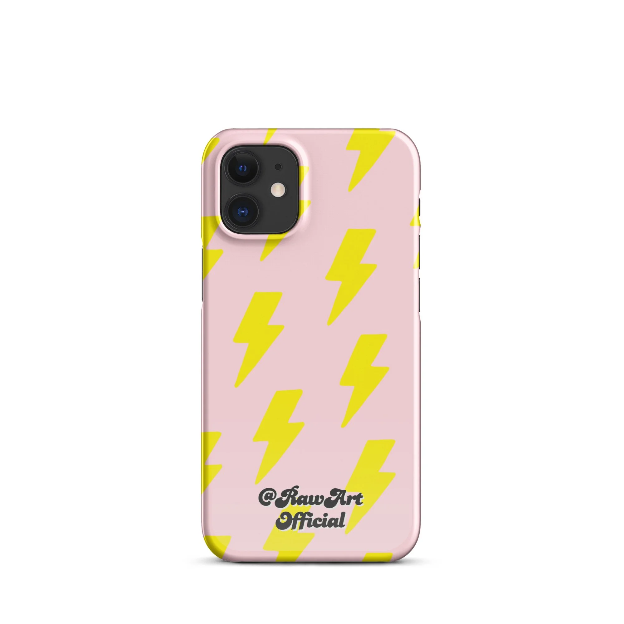 Pink iPhone case with neon yellow lightning bolt pattern, retro design.