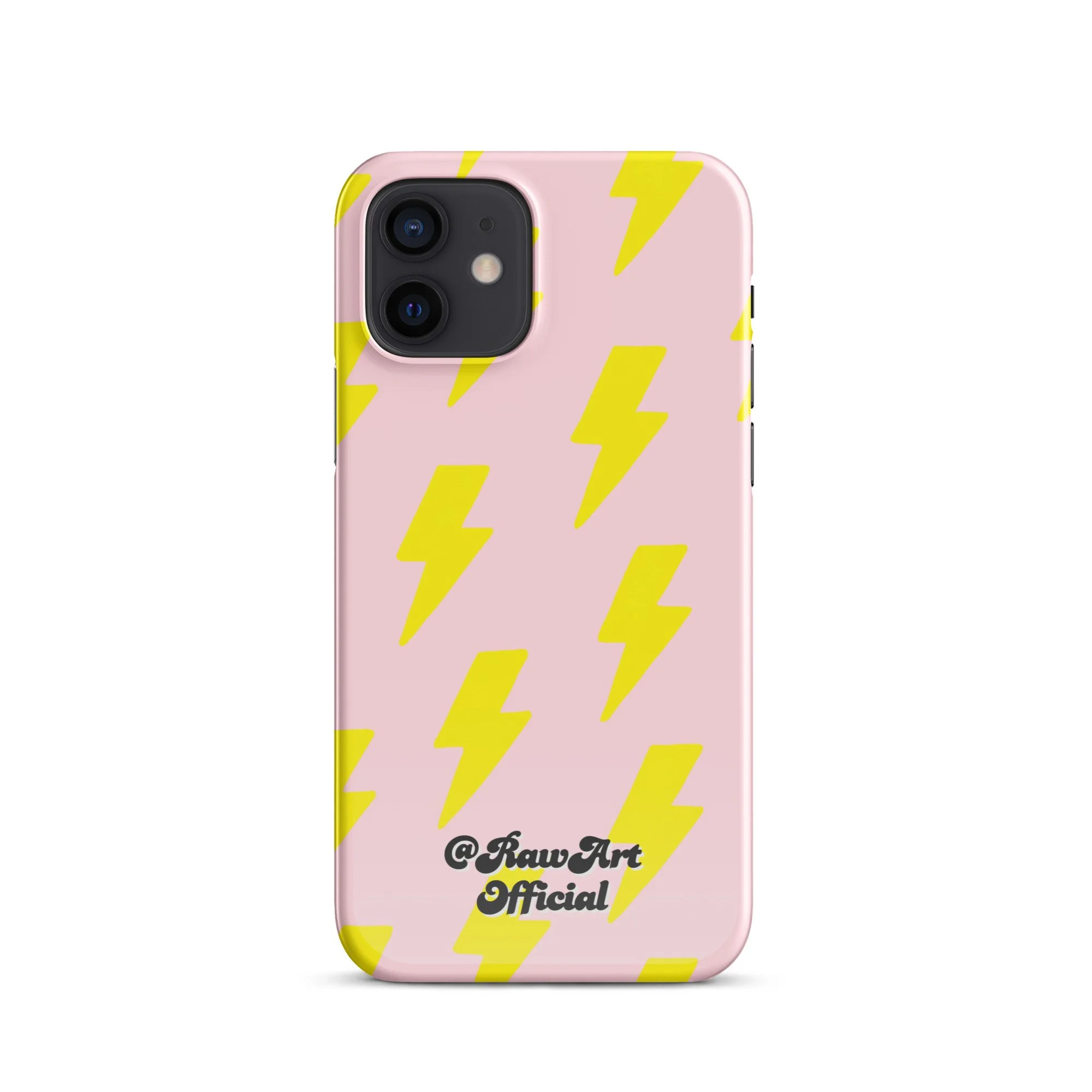 Pink iPhone case with neon yellow lightning bolt pattern, retro design.
