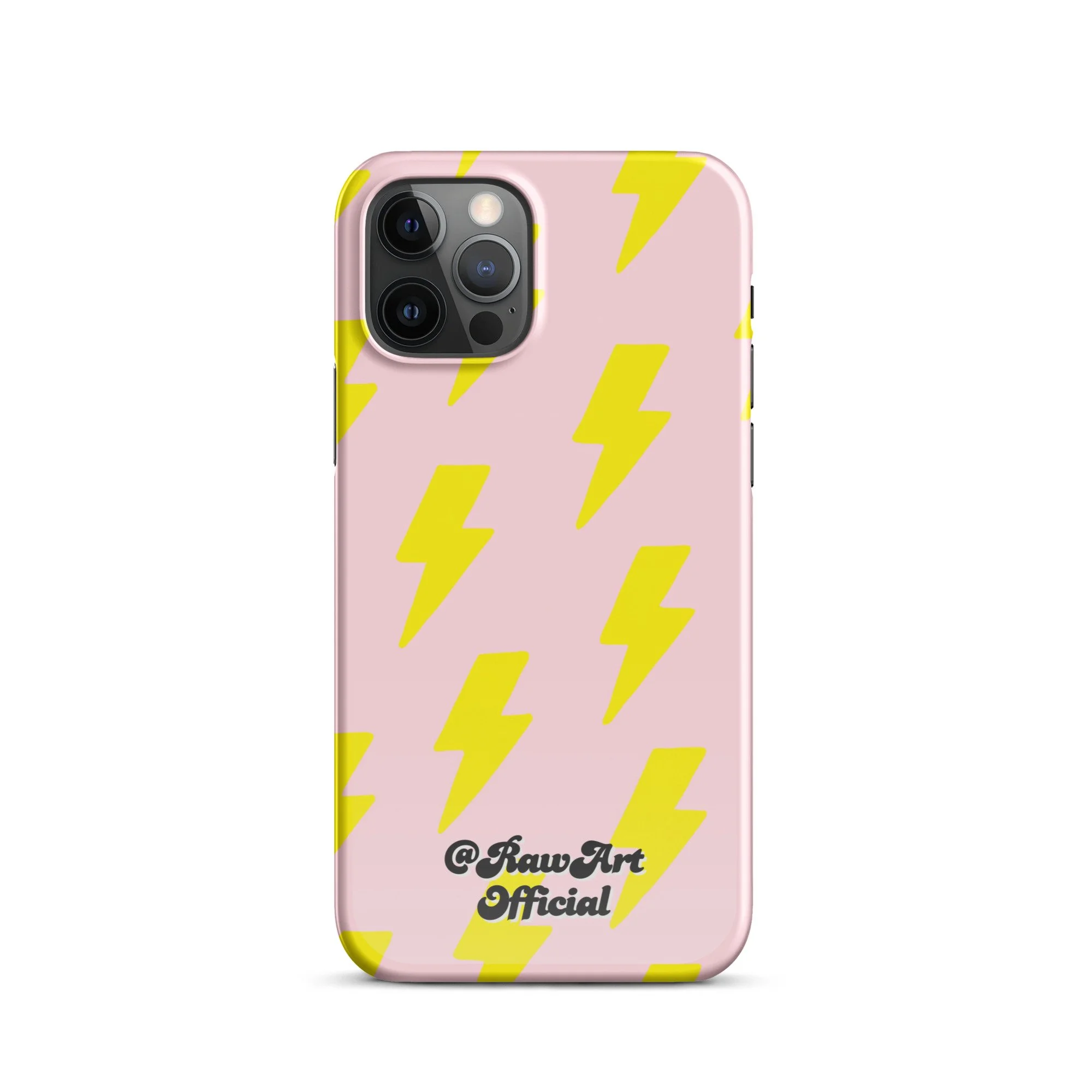 Pink iPhone case with neon yellow lightning bolt pattern, retro design.