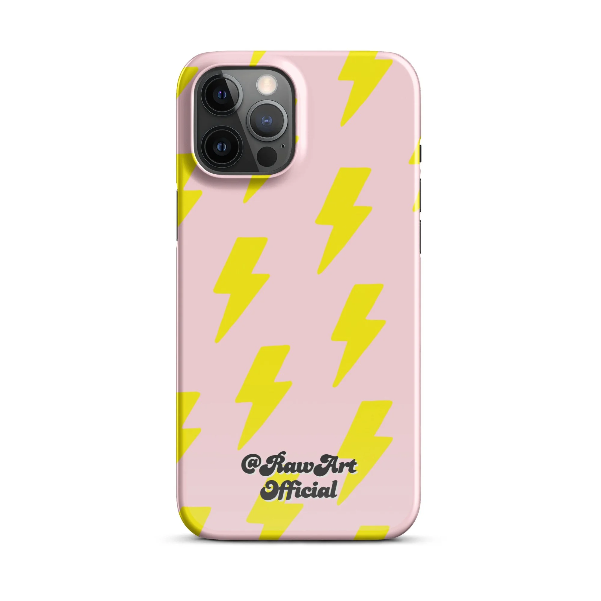 Pink iPhone case with neon yellow lightning bolt pattern, retro design.