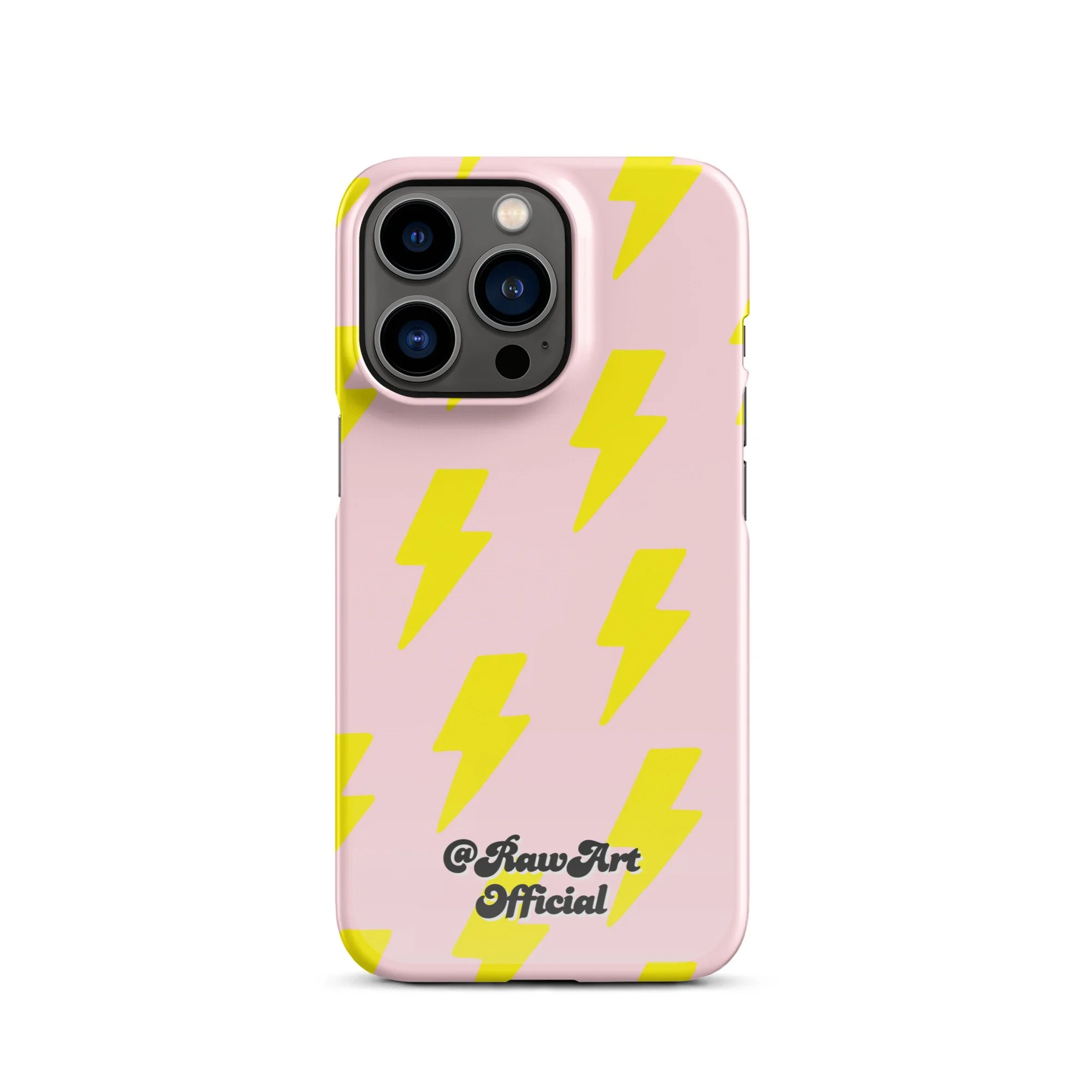 Pink iPhone case with neon yellow lightning bolt pattern, retro design.