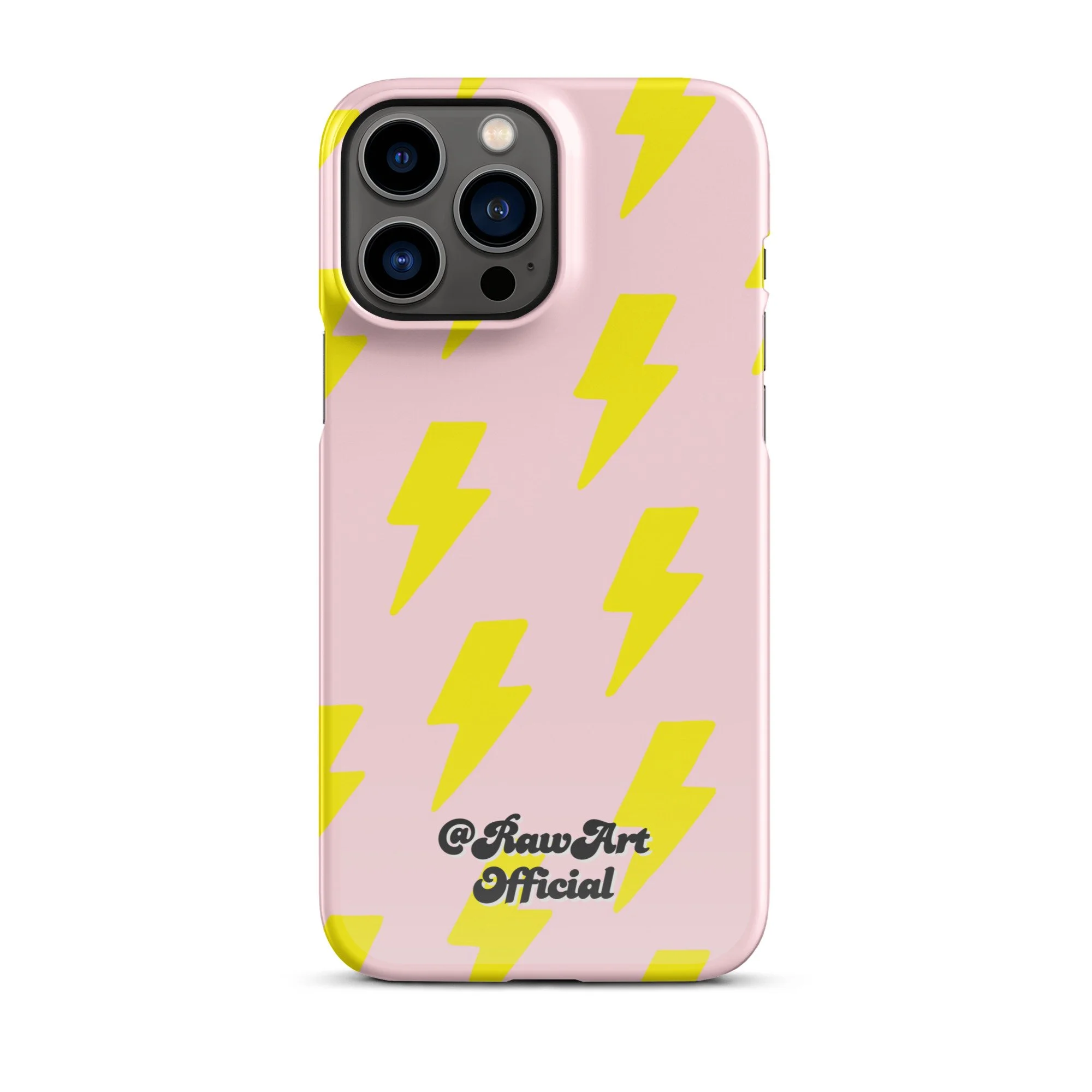 Pink iPhone case with neon yellow lightning bolt pattern, retro design.