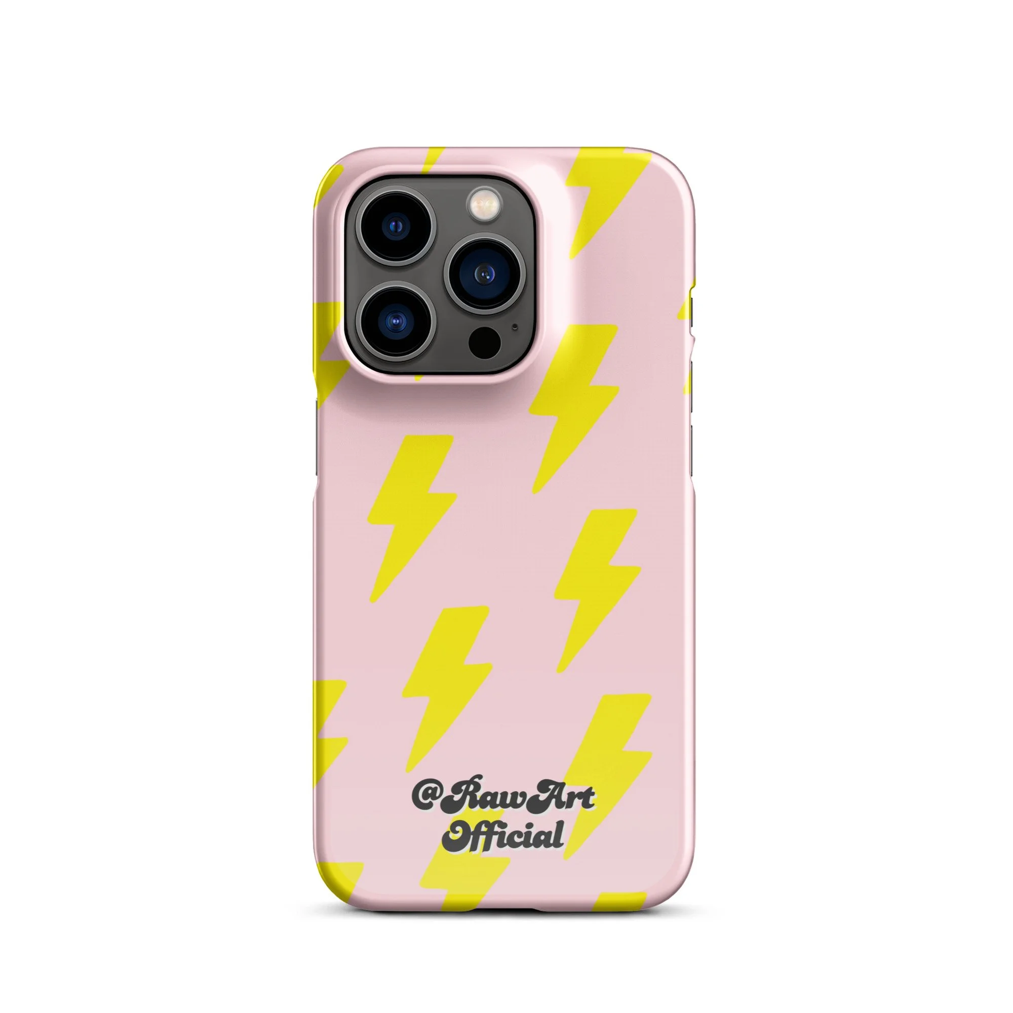 Pink iPhone case with neon yellow lightning bolt pattern, retro design.