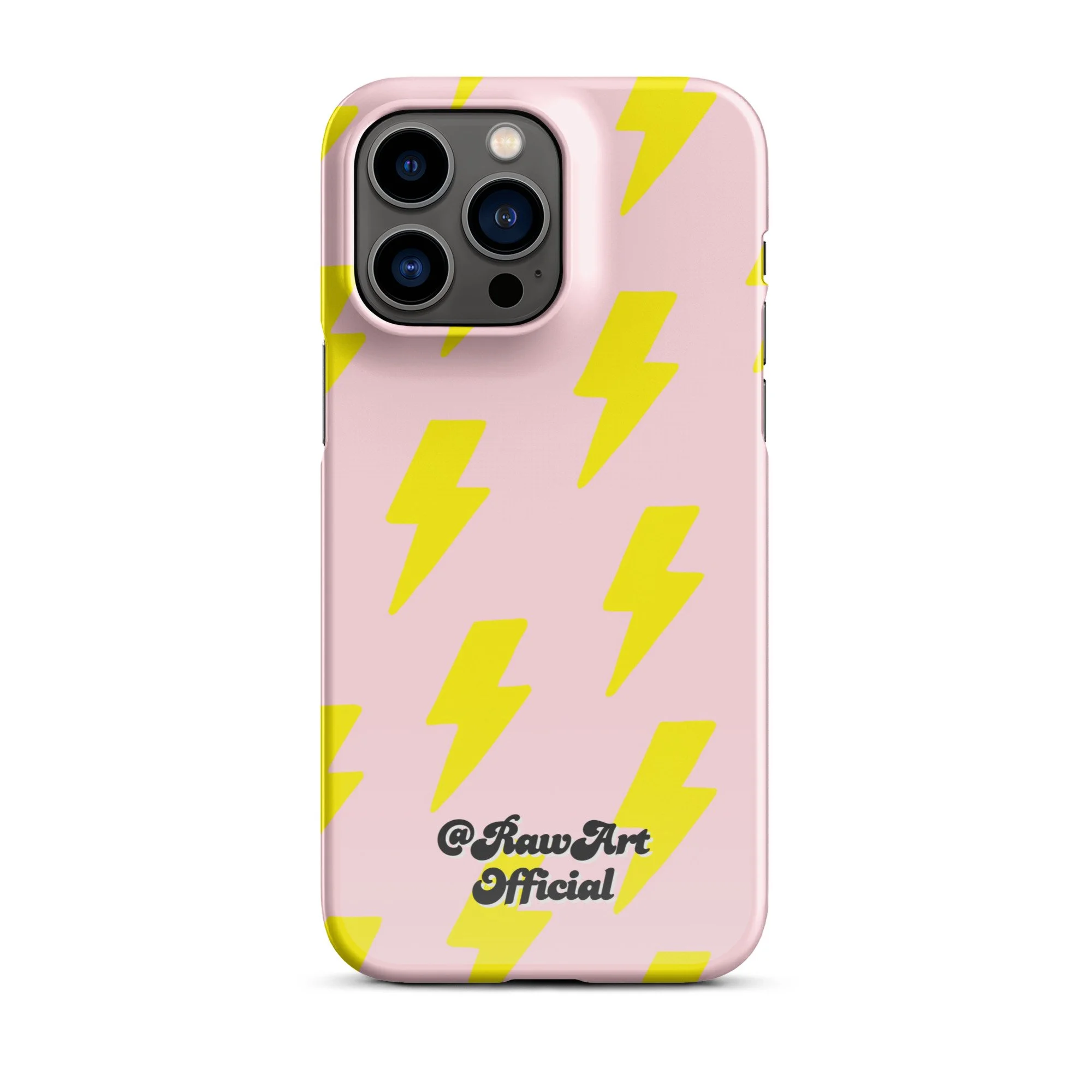 Pink iPhone case with neon yellow lightning bolt pattern, retro design.