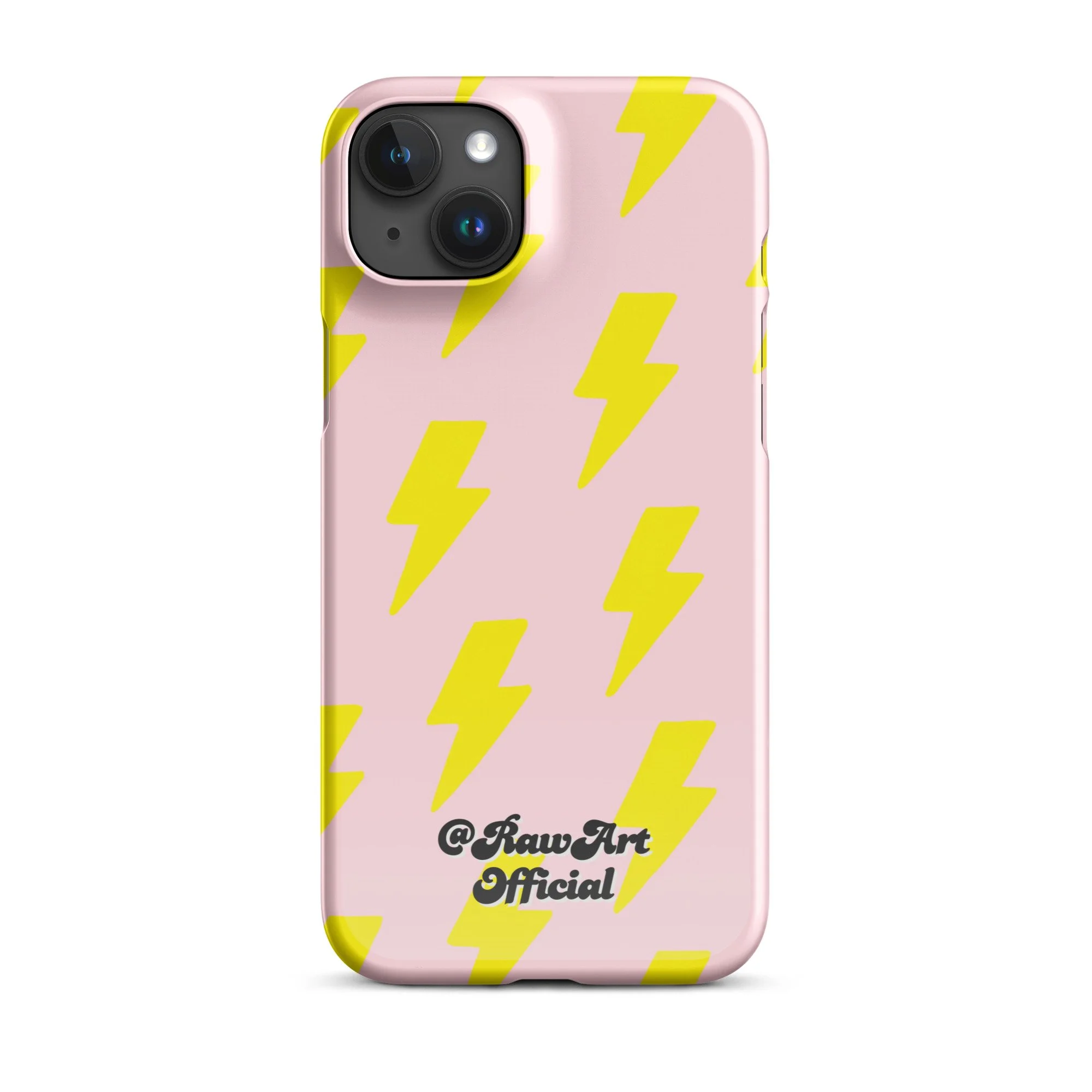Pink iPhone case with neon yellow lightning bolt pattern, retro design.