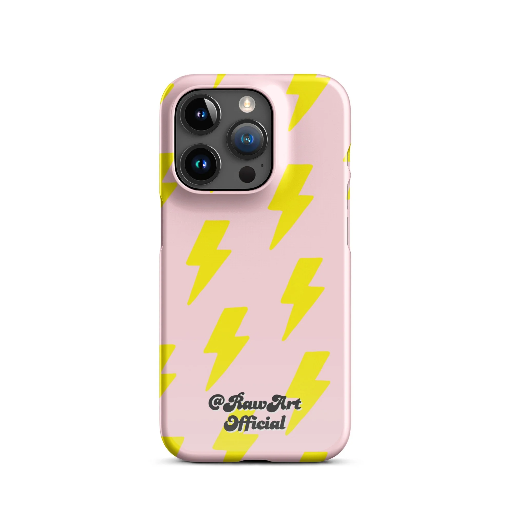 Pink iPhone case with neon yellow lightning bolt pattern, retro design.