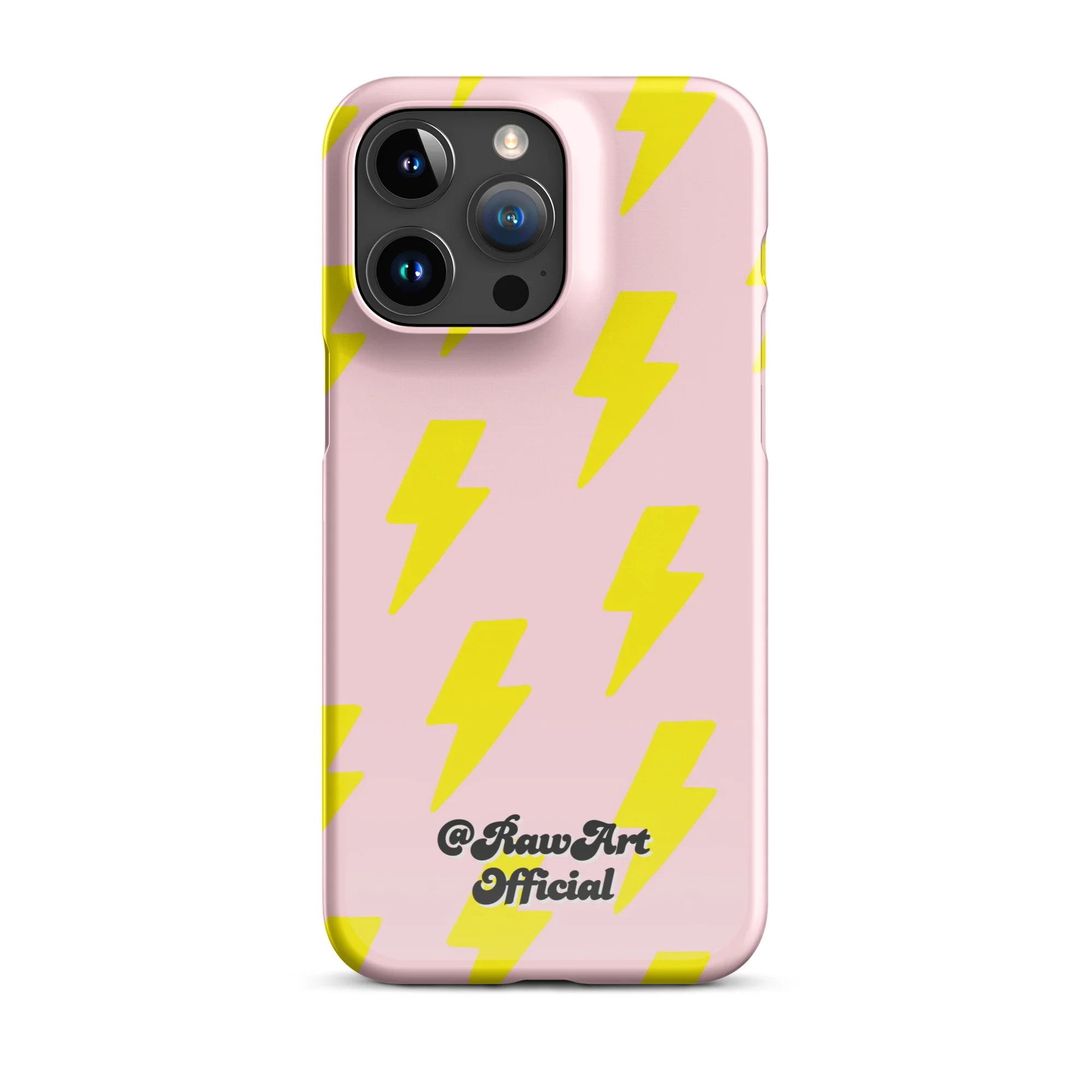 Pink iPhone case with neon yellow lightning bolt pattern, retro design.