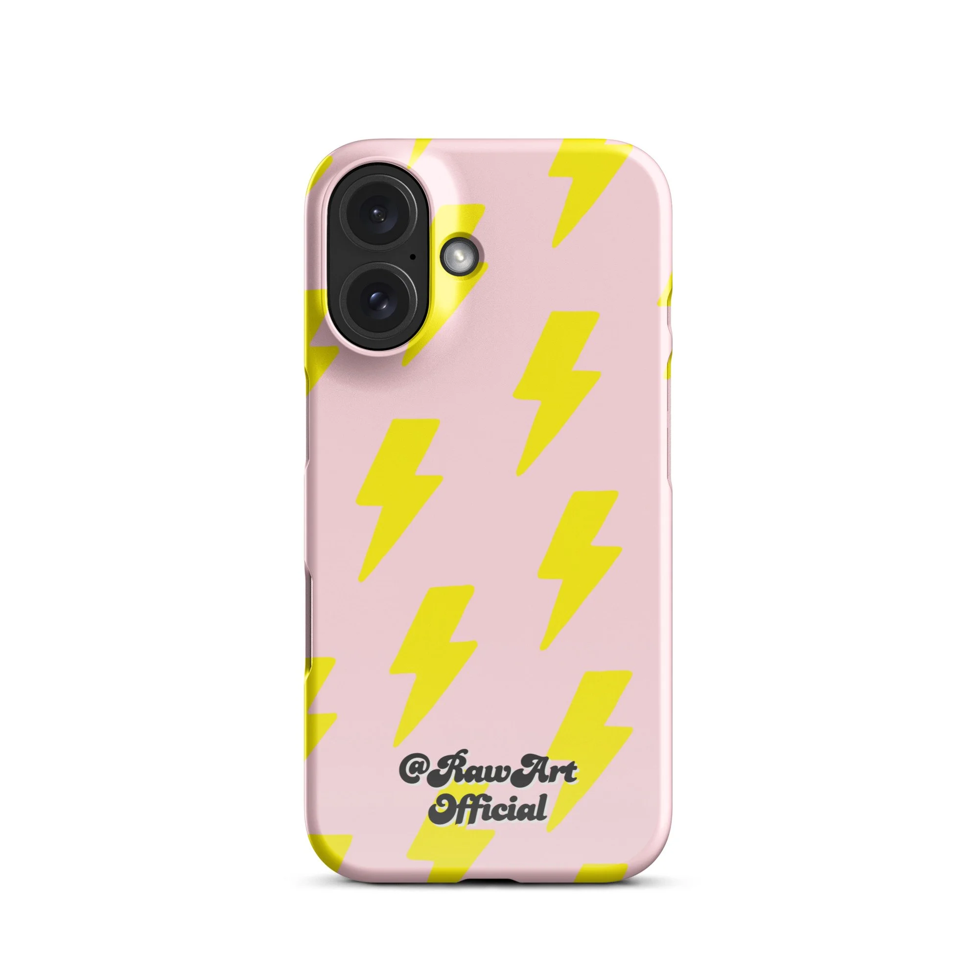 Pink iPhone case with neon yellow lightning bolt pattern, retro design.