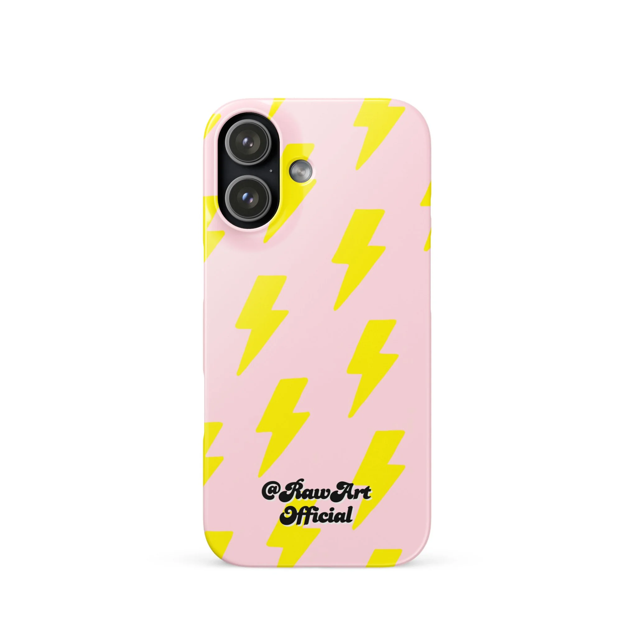 Pink iPhone case with neon yellow lightning bolt pattern, retro design.