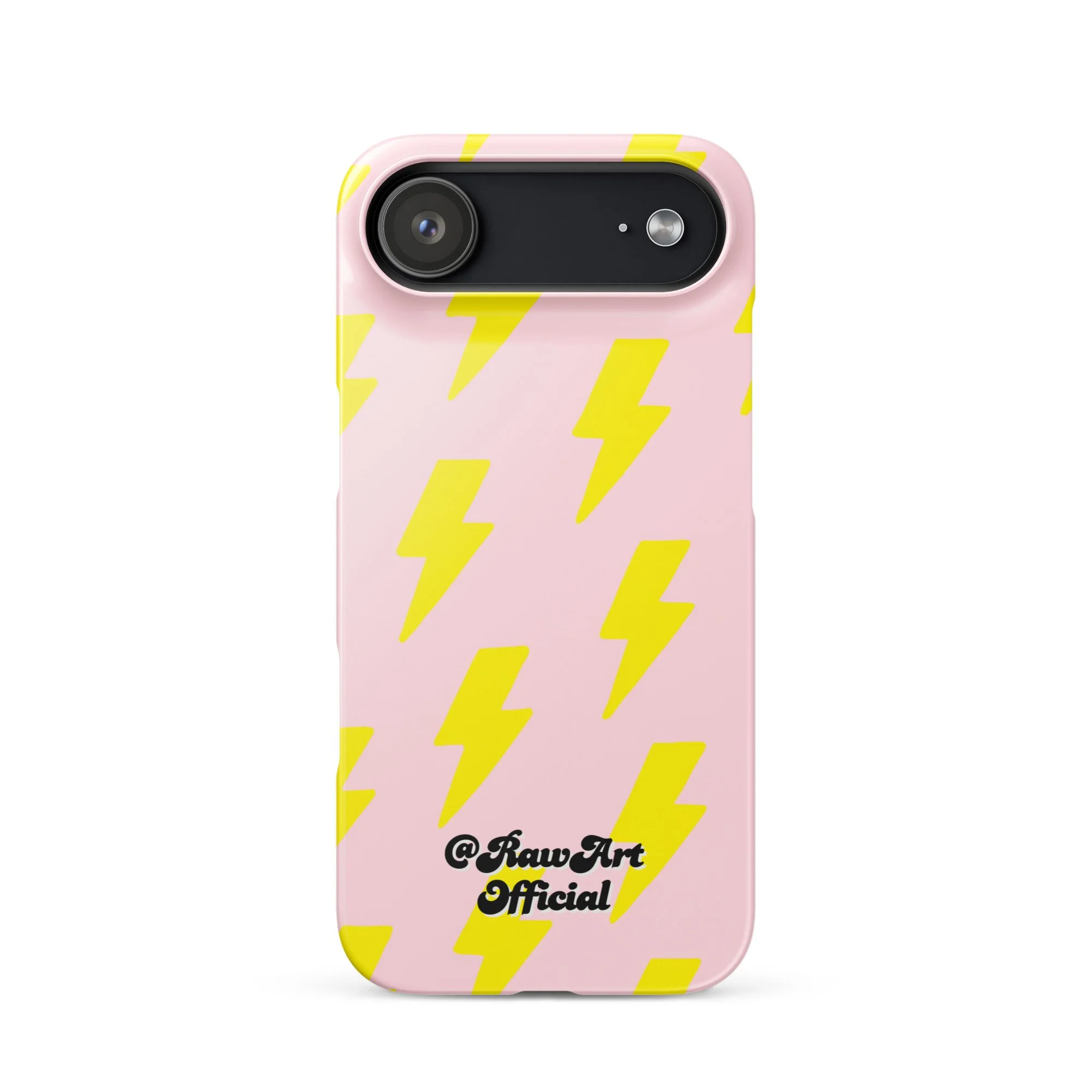 Pink iPhone case with neon yellow lightning bolt pattern, retro design.