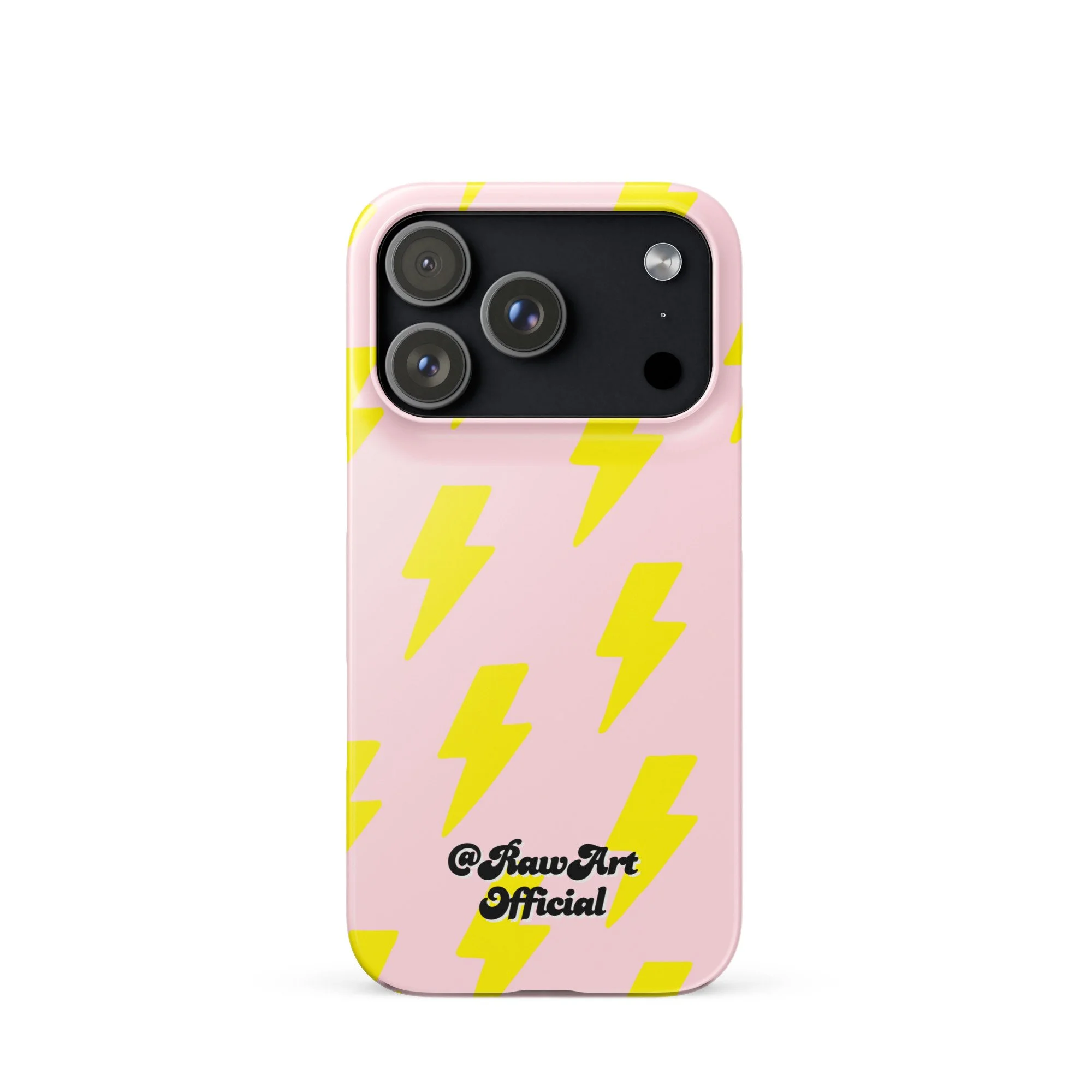 Pink iPhone case with neon yellow lightning bolt pattern, retro design.