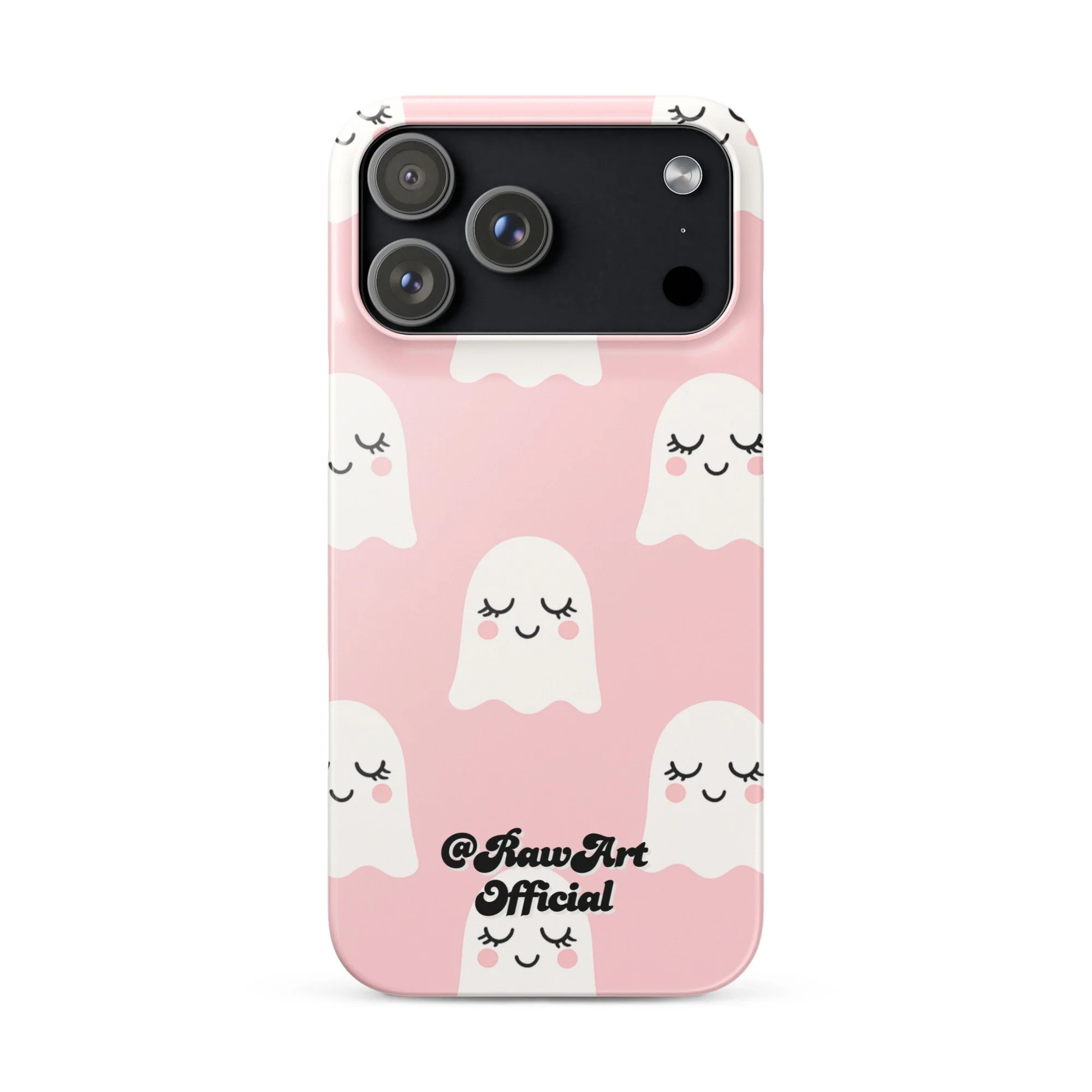 Pink iPhone case with white blushing ghost pattern, cute spooky design.
